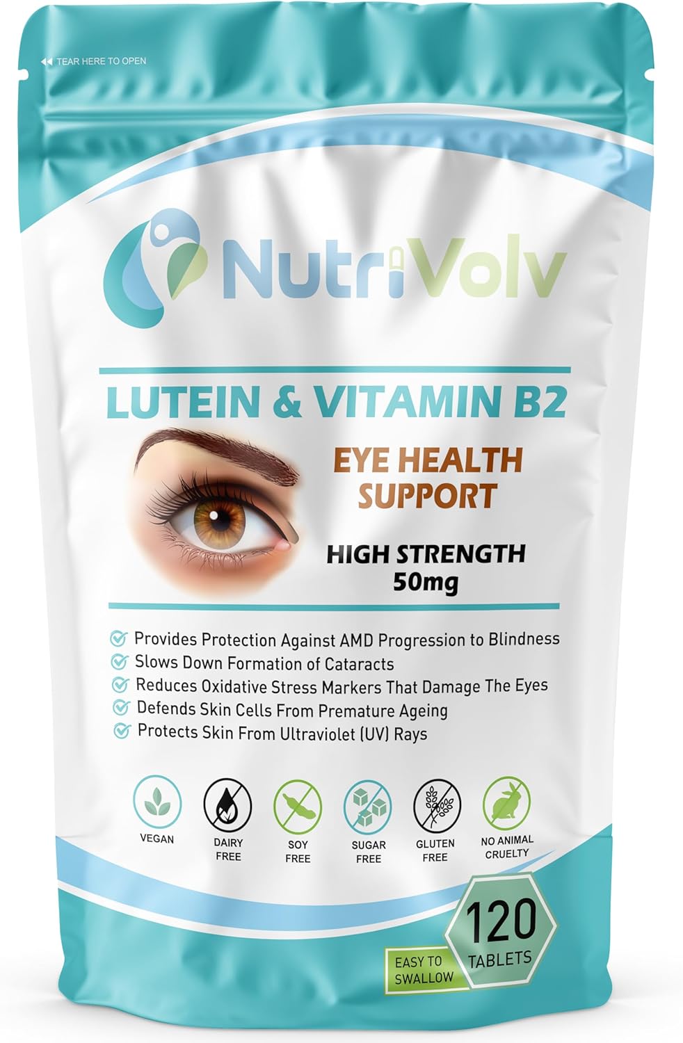 Pure Eye Support Tablets with Lutein and Vitamin B2 — 50mg Easy to Swallow Pills for Better Vision and Eyecare — Pack of 120 Vegan Eye Supplements for Men and Women