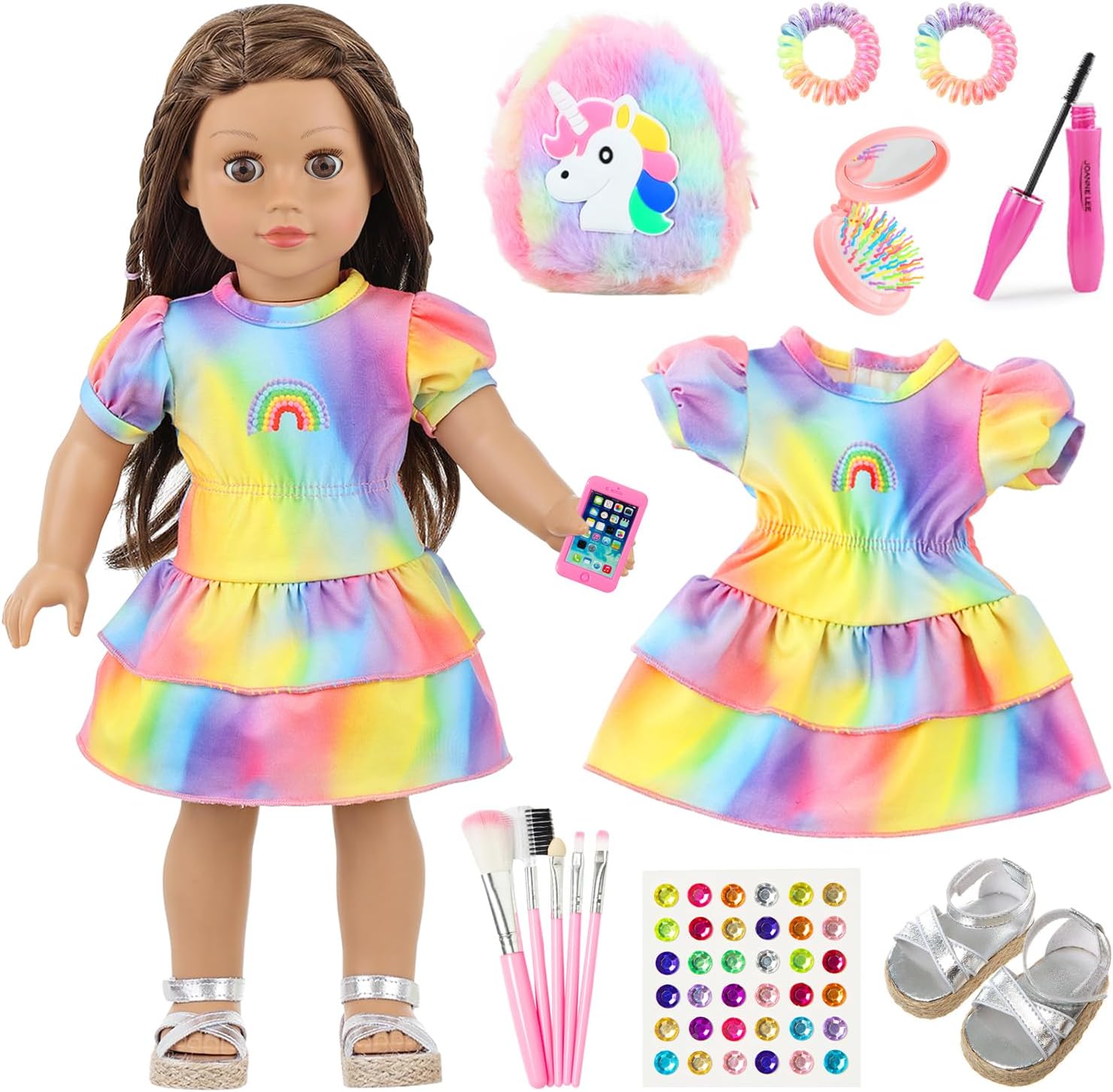K.T. Fancy 18 Inch Doll Clothes and Accessories - Dress Makeup Set -Included Skirt, Backpack, Headband, Cosmetic Brush, Mini Phone, Mini Comb, Stickers & Shoes