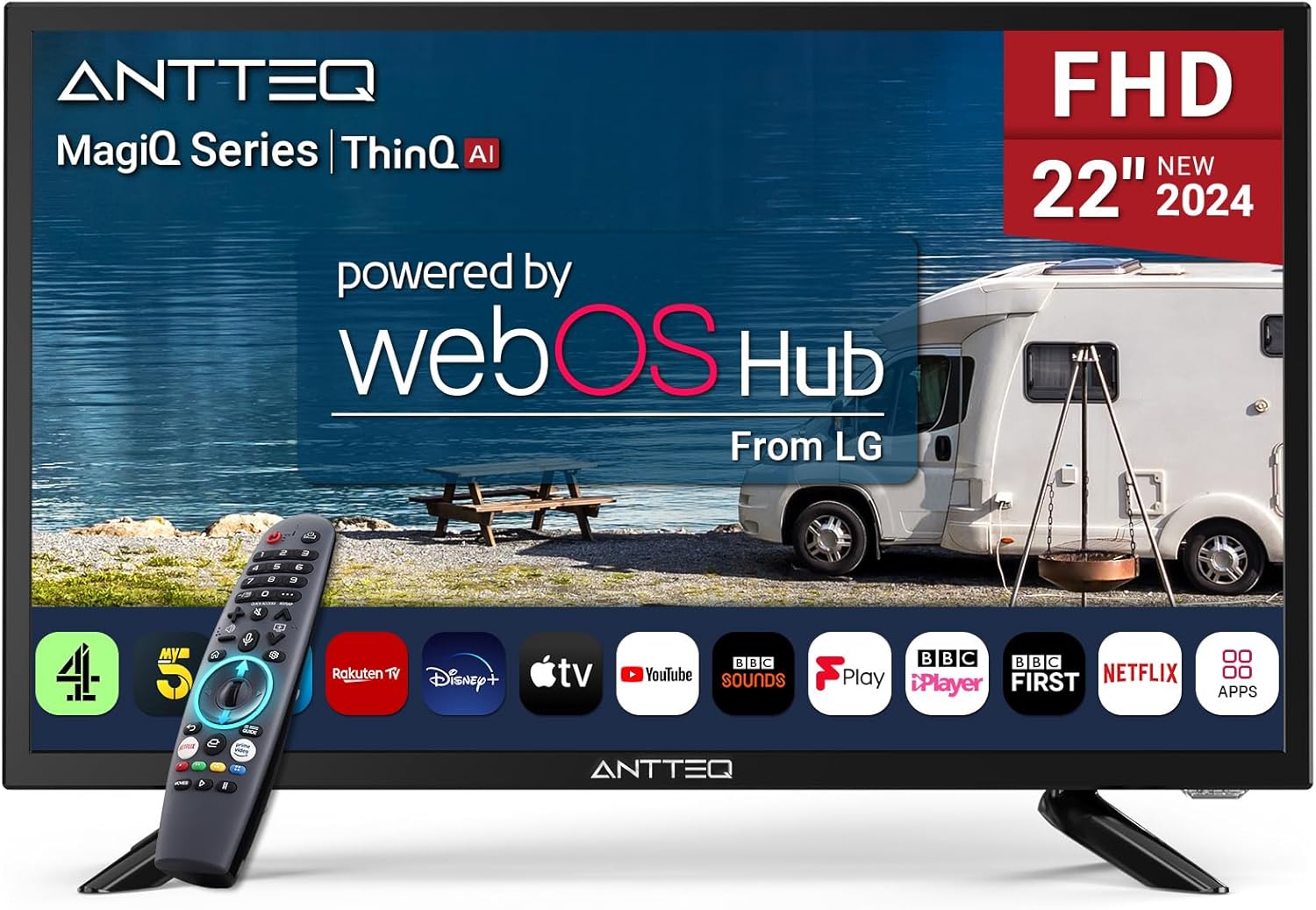 Antteq 22 Inch FHD Smart TV 12V/24V, WebOS 12 Volt Television with AI Voice Control Remote, BBC Freeview Netflix Airplay, HDMI/USB, Small Travel Screen for Caravan Truck Boat Motorhome