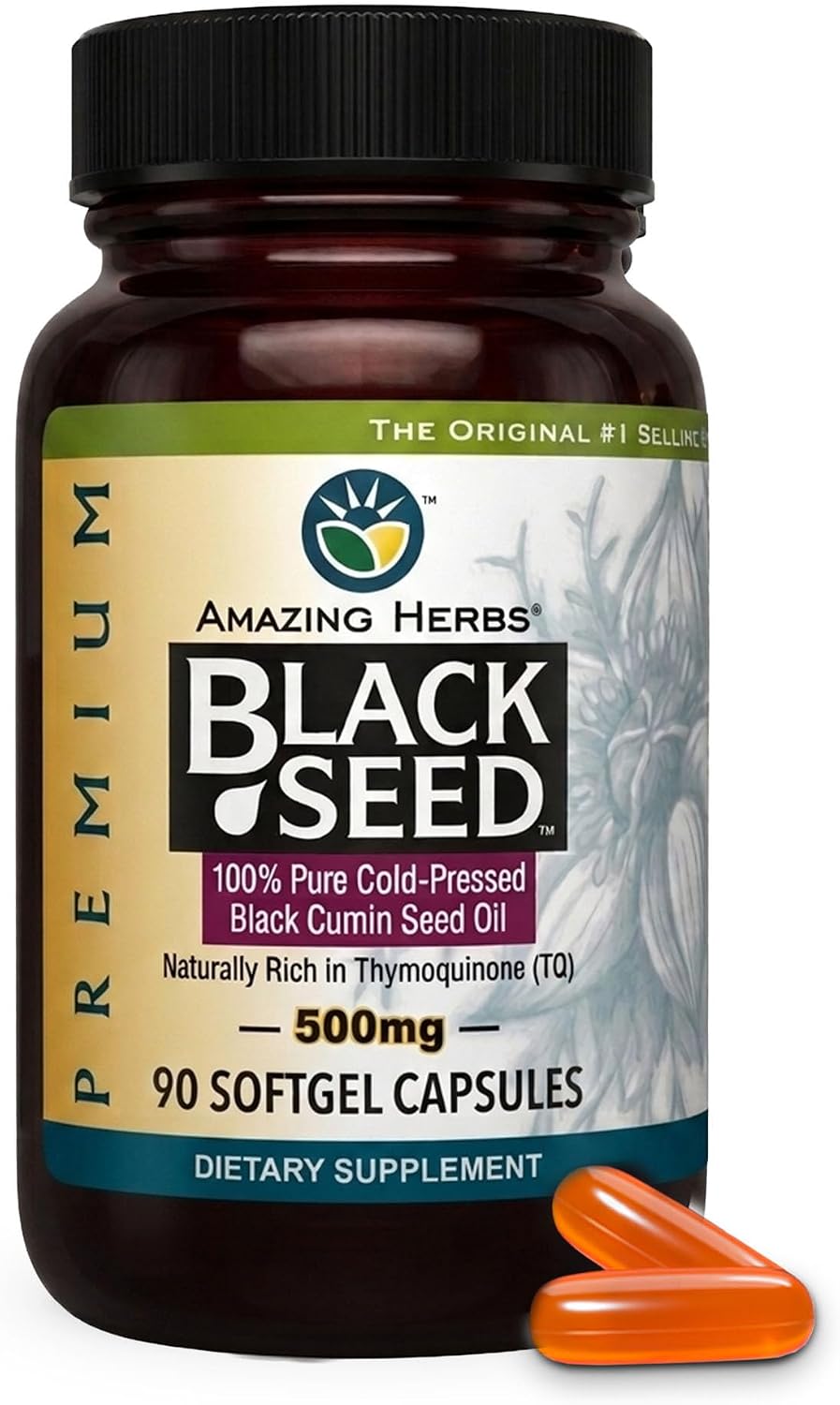 Amazing Herbs Premium Black Seed Oil - 90 Count Softgels, 500mg