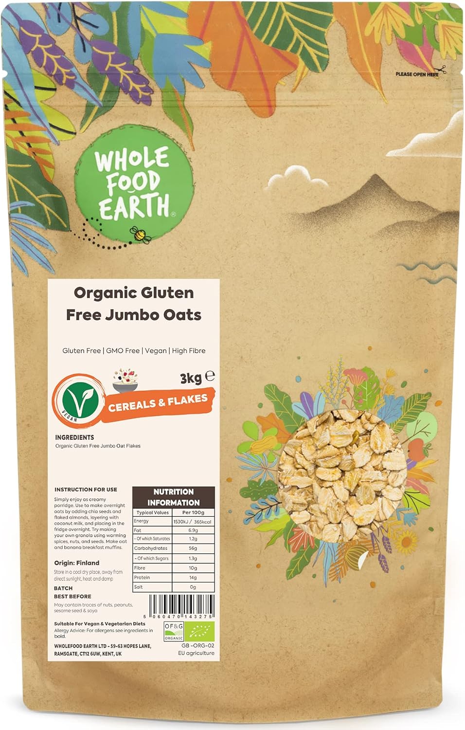 Wholefood Earth Organic Gluten Free Jumbo Oats – 3 kg | GMO Free | Vegan | High Fibre | Certified Organic