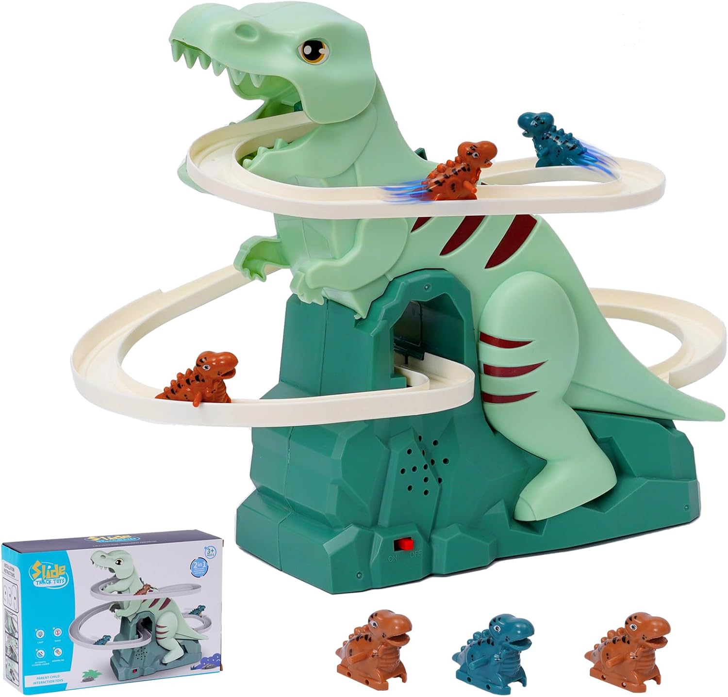 Dinosaur Chasing Race Track Game Set Slide Climb Stairs Toy Roller Coaster Toy with Music Educational Puzzle Playsets Gift for Toddler Kids Boys Girls Age 3 4 5 6 7 8