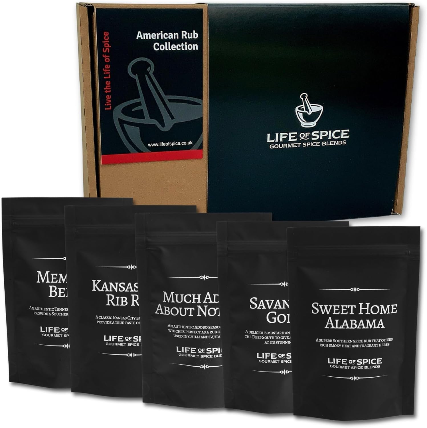 Life of Spice American Rub Collection | All Purpose Seasoning & BBQ Rubs | 270g | 5 Unique Spice Rubs with Recipe Cards | Great spices for Ribs, Mexican Flatbreads, Southern Fried Chicken | Great Gift