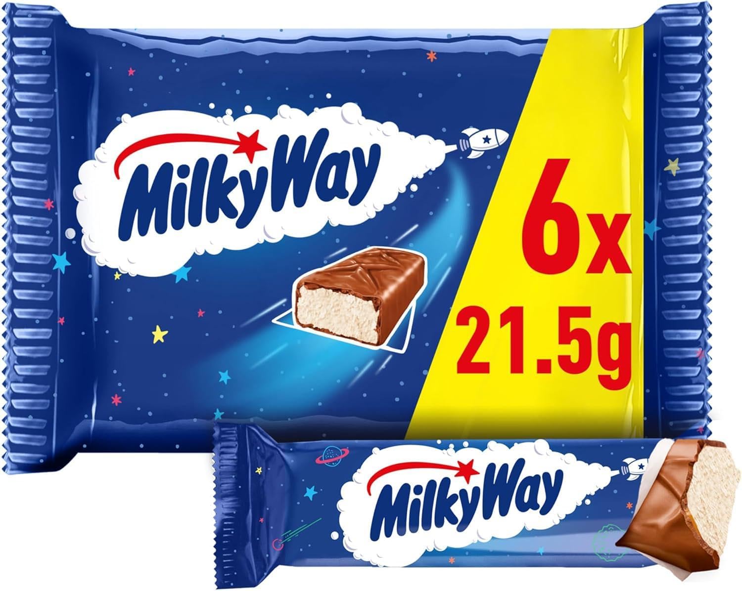 Milky Way Chocolate Bars, Nougat & Milk Chocolate Multipack, 6 x 21.5g, Ideal for Party Bag Fillers, Snacks or Hamper