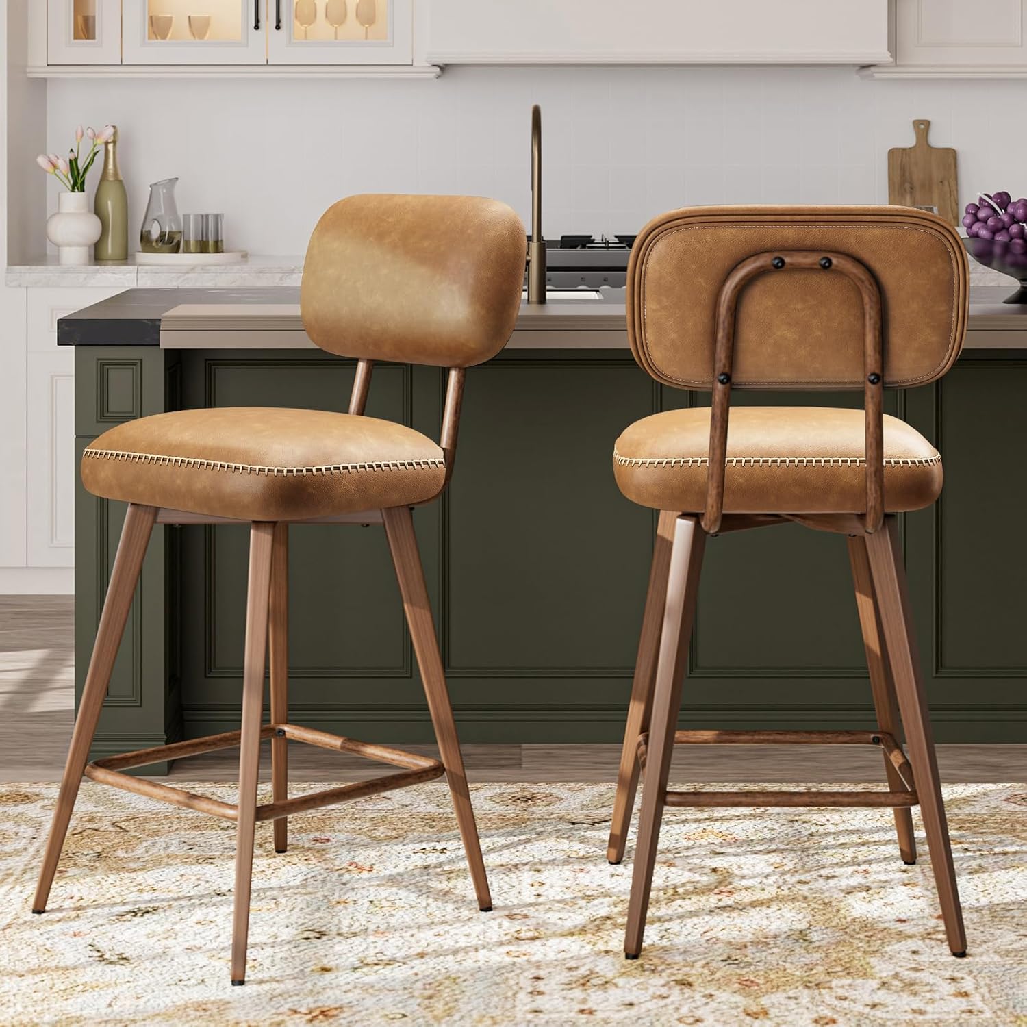 26“ Swivel Bar Stools Set of 2, Mid Century PU Leather Counter Height Bar Chairs with Low Back and Metal Legs, Modern Bar Stool Chair for Kitchen Island, Brown