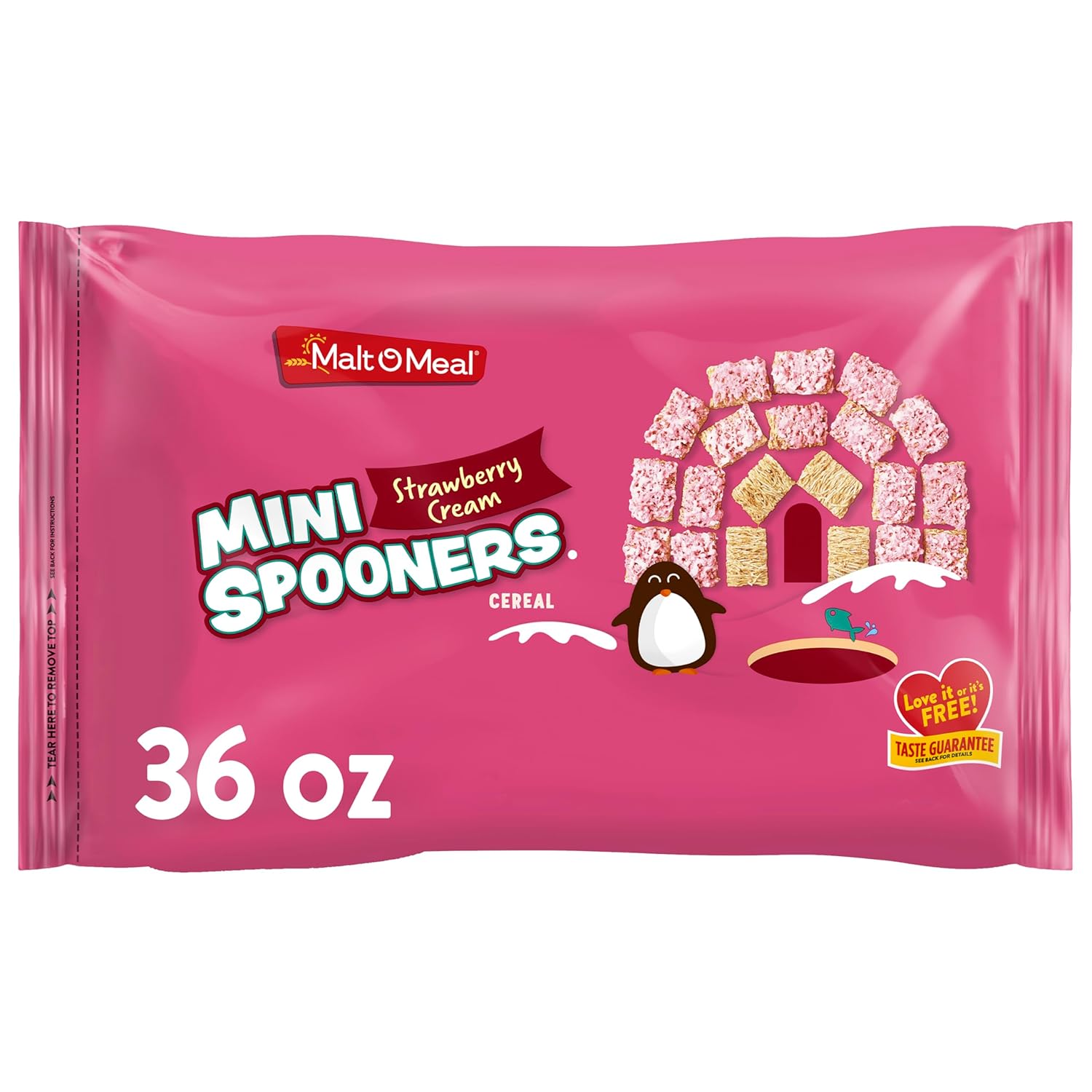 Malt-O-Meal Strawberry Cream Mini Spooners Shredded Wheat Cereal, Frosted Strawberry Breakfast Cereal Squares, Large Cereal for Family, 36 OZ Resealable Cereal Bag