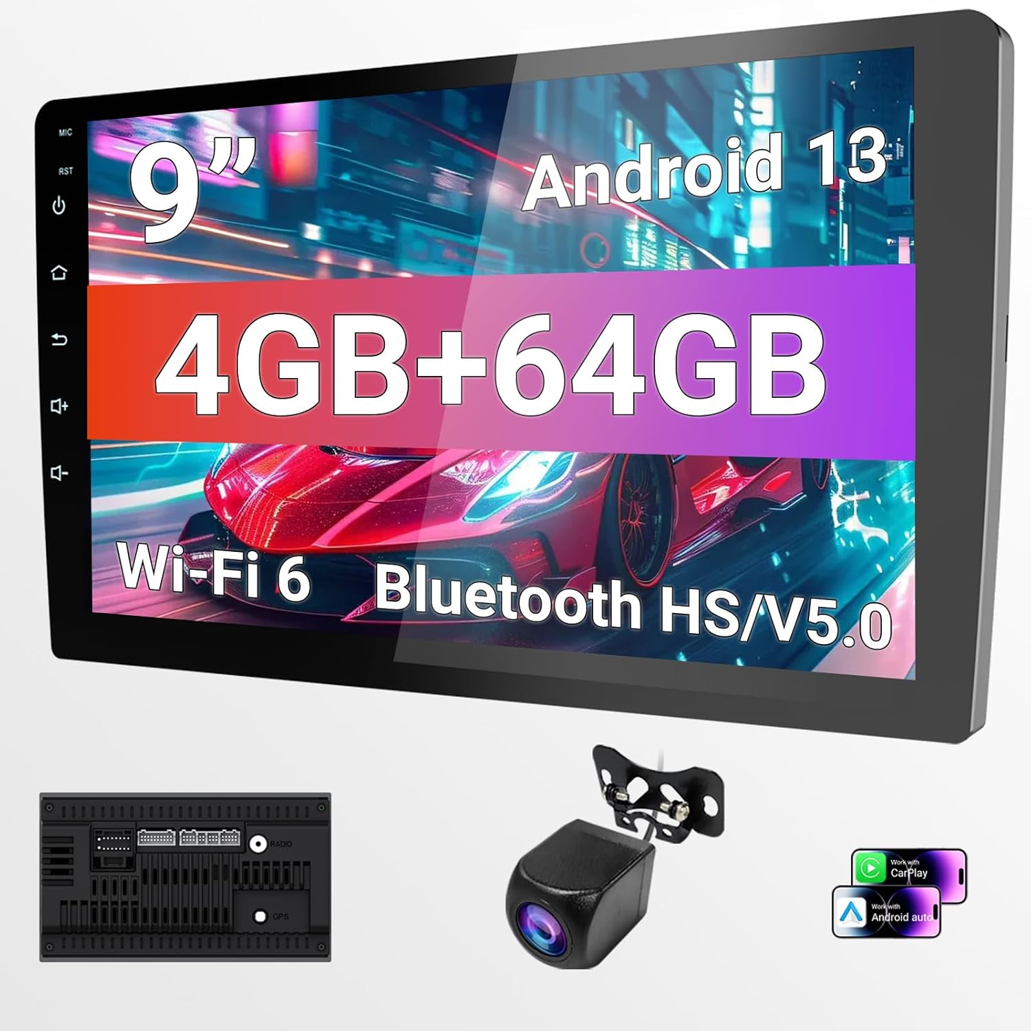9" Wireless Double Din Car Stereo with Bluetooth, Wireless CarPlay, Android Auto, WiFi 6, 1280 * 720 HD Touchscreen, 4+64GB Storage,Backup Camera, GPS，Pro Sound Quality, FM/AM