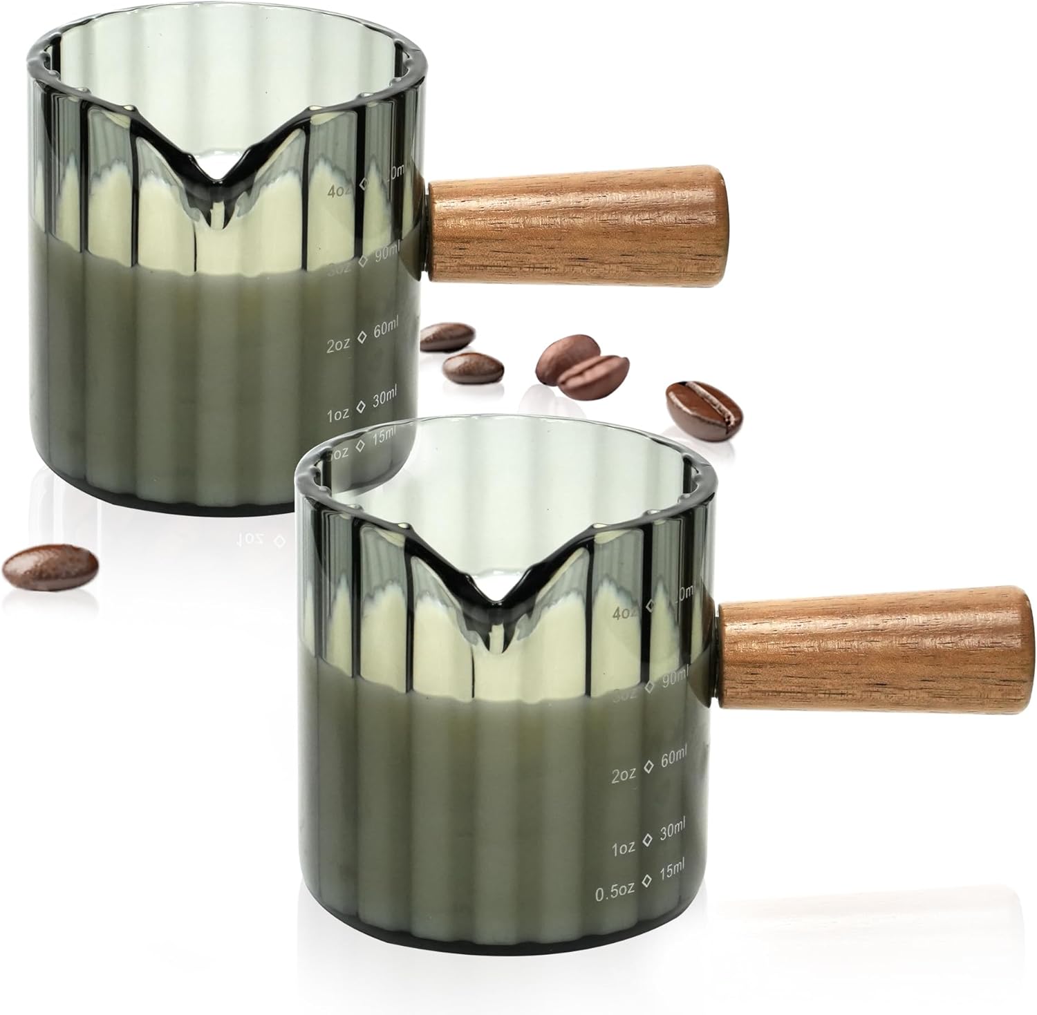 Espresso Cups Set of 2, 4 OZ Espresso Shot Glass with Handle V-Shaped Mouth, Ribbed Milk Frothing Pitcher, Glass Measuring Cup,Cappuccino Cup, Coffee Bar Accessories (Gray)