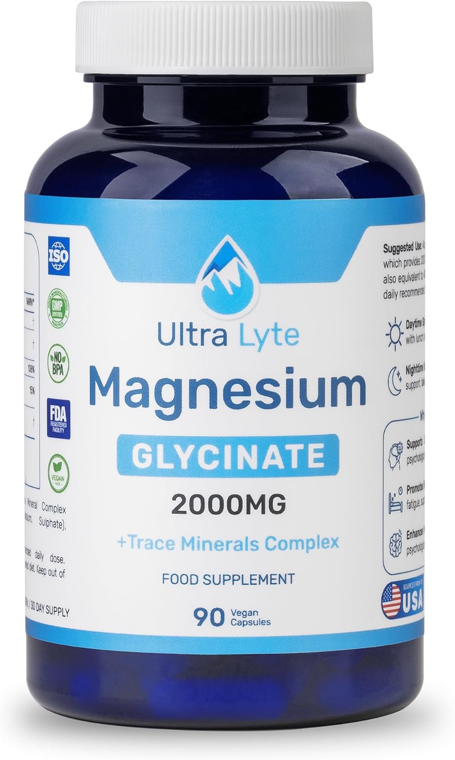 Ultra Lyte Magnesium Glycinate with Trace Minerals – High Absorption Magnesium Supplements for Sleep Aid, Stress Relief & Muscle Support – Vegan & Gluten-Free – 2000mg Magnesium – 90 Count