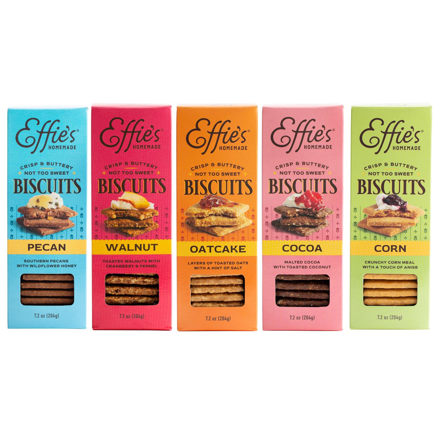 Effie's Homemade Biscuits - Variety Pack - Pecan, Walnut, Oatcakes, Cocoa, Corn - 5 Pack