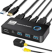 8K@60Hz HDMI 2.1 KVM Switch for 1 Monitor and 2 Computers, with 3 USB 3.0 Ports for Sharing Monitor, Keyboard, Mouse, Hard Drives, and Printer – Includes 2 HDMI & USB Cables, and Controller