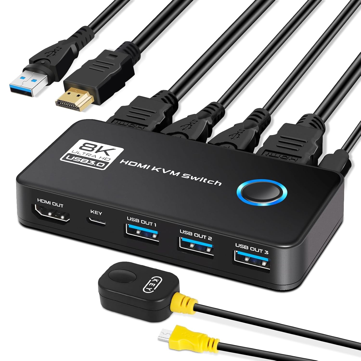 8K@60Hz HDMI 2.1 KVM Switch for 1 Monitor and 2 Computers, with 3 USB 3.0 Ports for Sharing Monitor, Keyboard, Mouse, Hard Drives, and Printer – Includes 2 HDMI & USB Cables, and Controller
