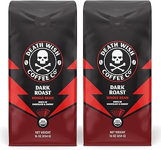 Death Wish Coffee, Whole Bean Dark Roast - USA Organic Coffee Beans Bundle/Bulk - Fair Trade Arabica & Robusta - 16 Ounce (Pack of 2)
