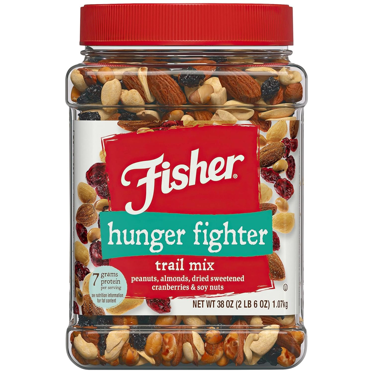 Fisher Snack Hunger Fighter Bulk Trail Mix, 38 oz (Pack of 1), Peanuts, Almonds, Dried Sweetened Cranberries and Soy Nuts, Snacks for Adults and Kids, Dried Fruit, Trail Mix Snacks
