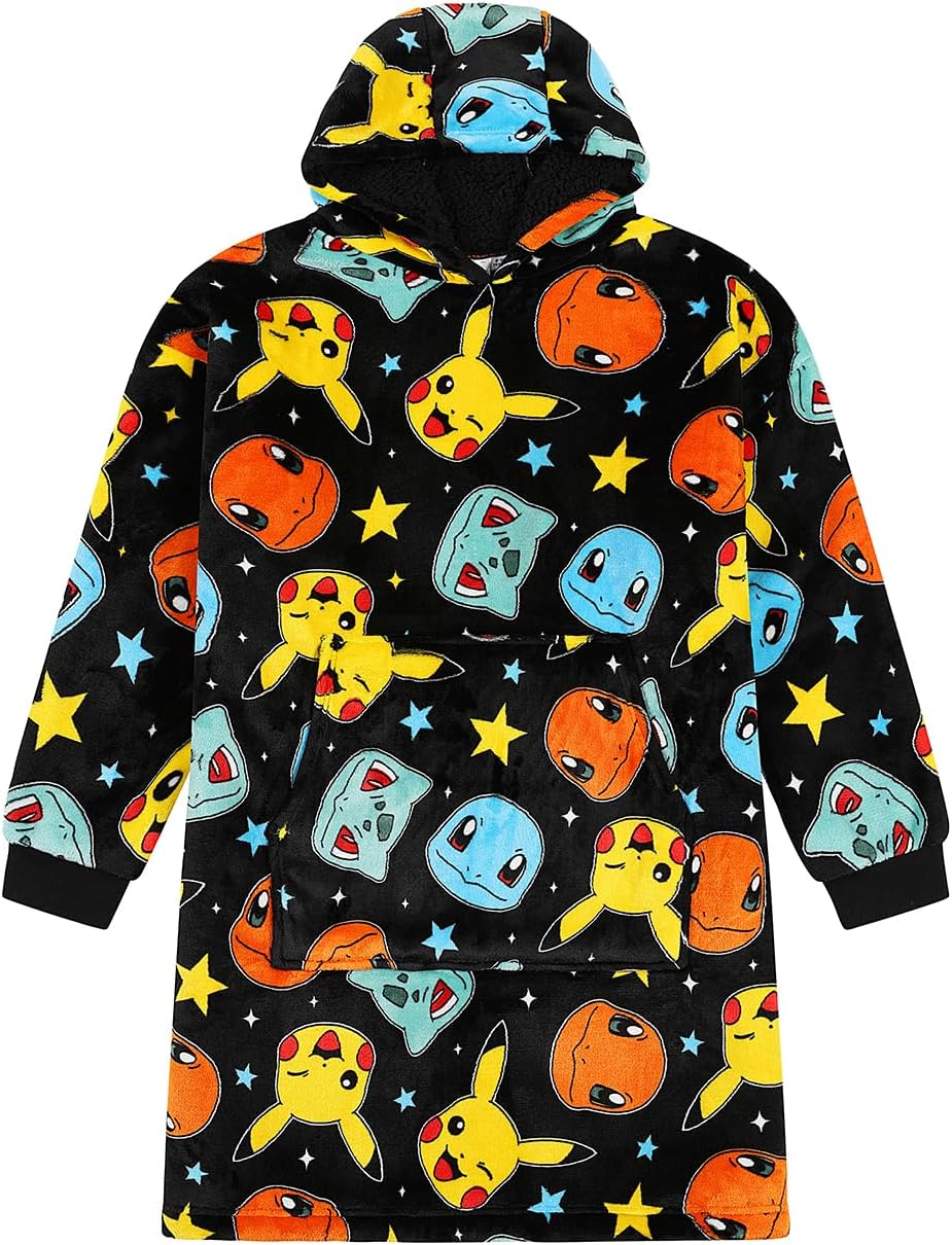 Pokemon Boys Girls Back Fully Lined Luxury Fleece Hoodie, Oversized Fleece Blanket Kids Hoody