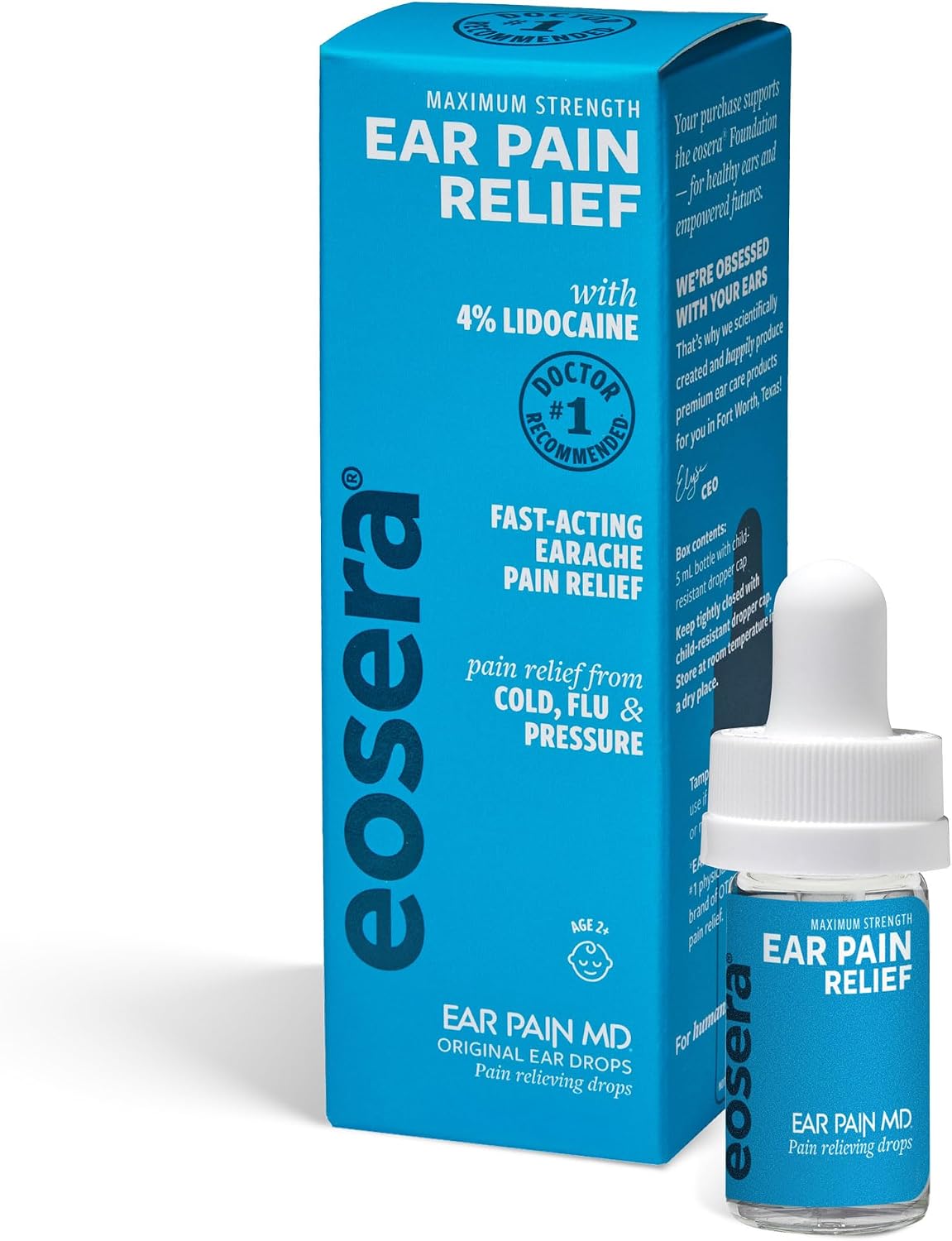 eosera Ear Pain MD Ear Drops - 5 mL - Maximum Strength 4% Lidocaine Earache Relief - Fast-Acting Numbing Drops for Pain from Colds, Allergies, and Irritation - Ages 2+