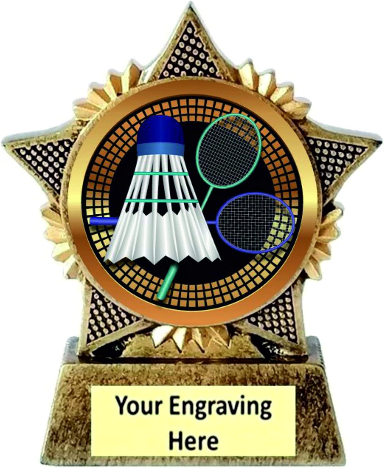 Badminton Trophy Star 90mm Award Antique Gold Resin Shuttlecock Free Engraving - B
