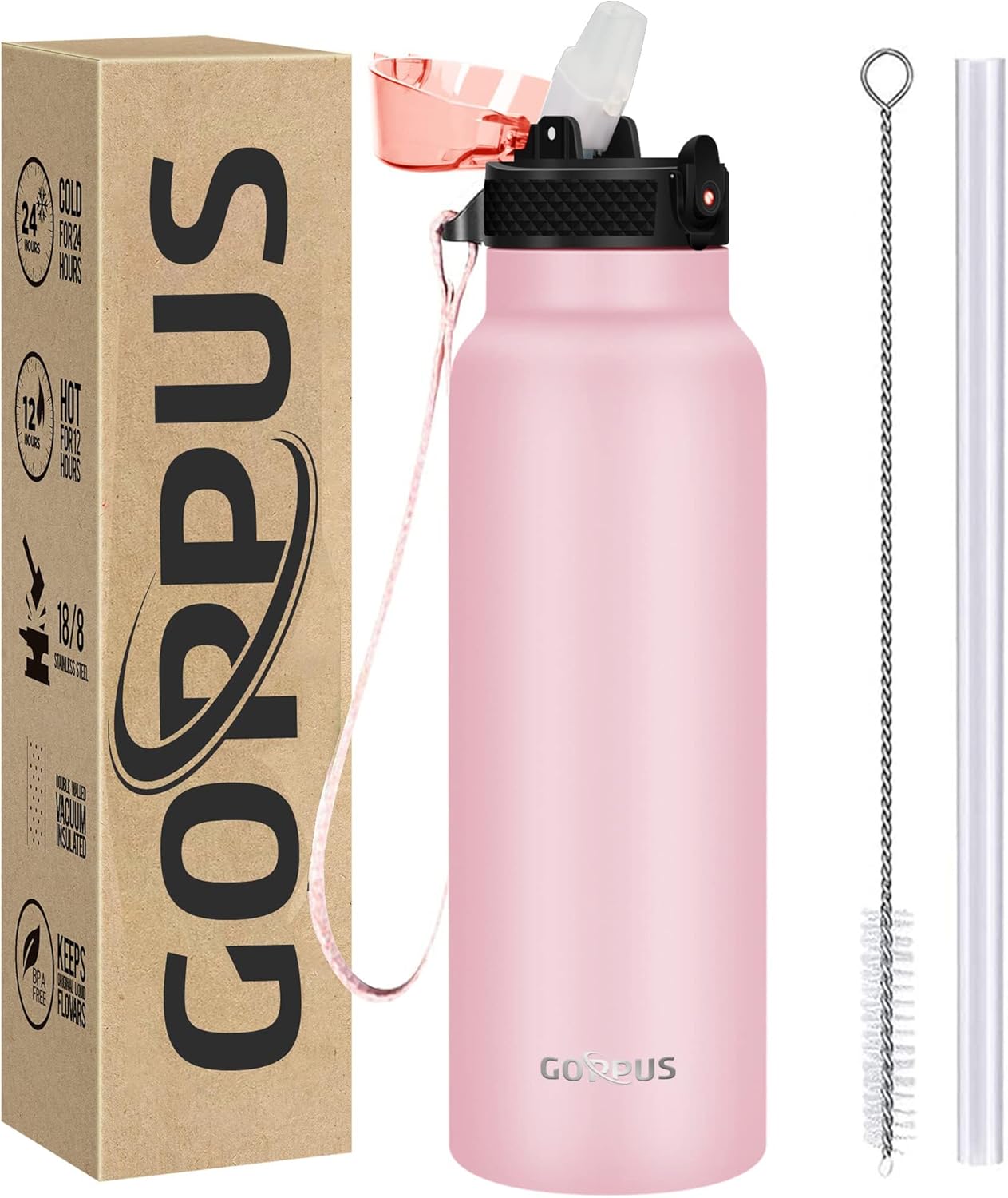 GOPPUS 750ml/26oz Stainless Water Bottle with Straw Double Wall Insulated Bottles with Strap Reusable Vacuum Thermal Flask Leakproof Keep Cold Drinks Bottles with Flip Top Lid for Men Women BPA Free