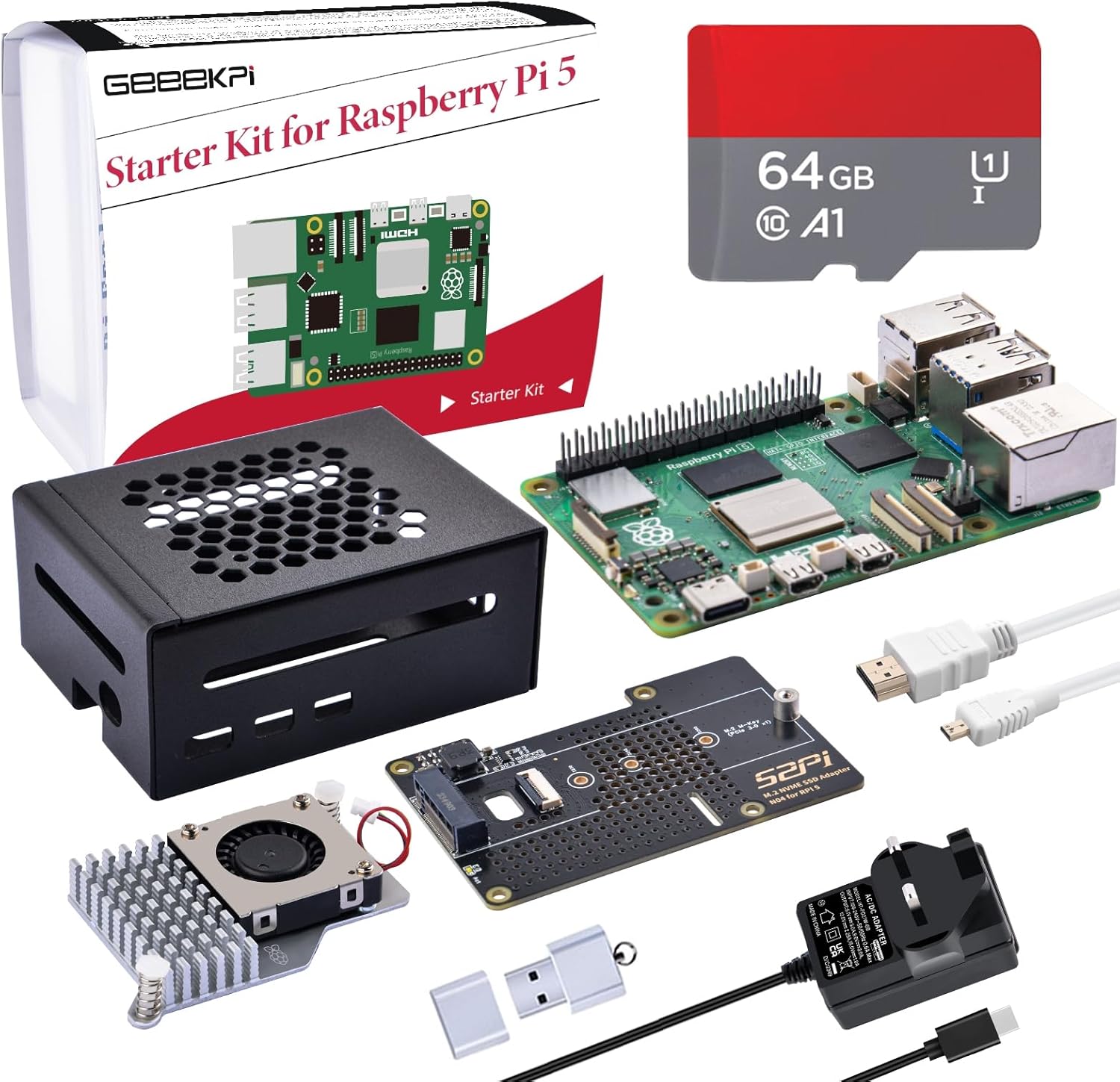 GeeekPi Starter Kit for Raspberry Pi 5 8GB, with N04 M.2 NVMe SSD PCIe Peripheral Board, Metal Case, Official Active Cooler, 64GB SD Card, HDMI Cable And 27W USB C 5.1V 5A Power Supply