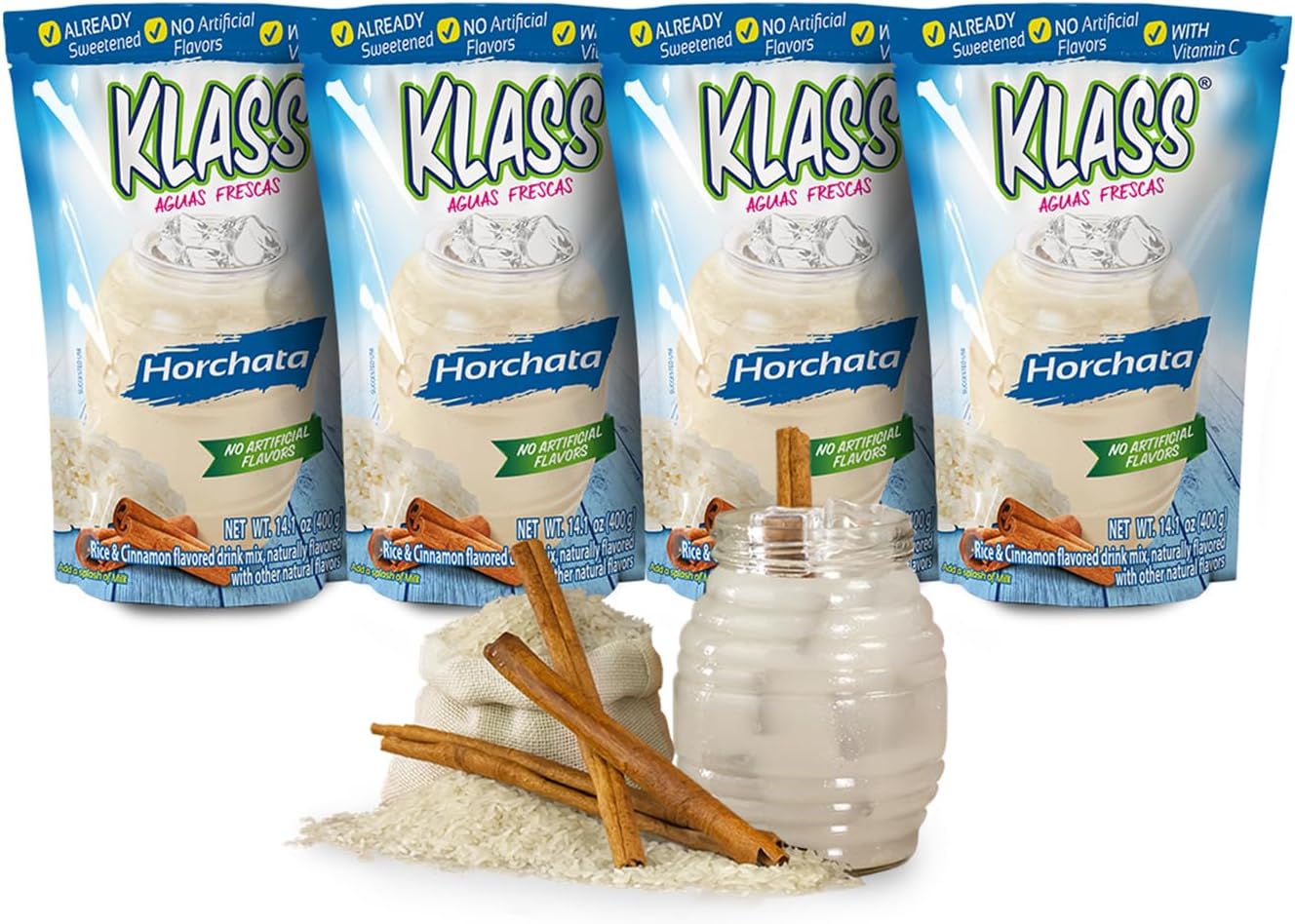 Klass Aguas Frescas Horchata Drink Mix - No artificial flavors, no artificial sweeteners, colors from natural sources (Makes 7 Quarts) 14.1 ounce Family Pack (4-Pack)