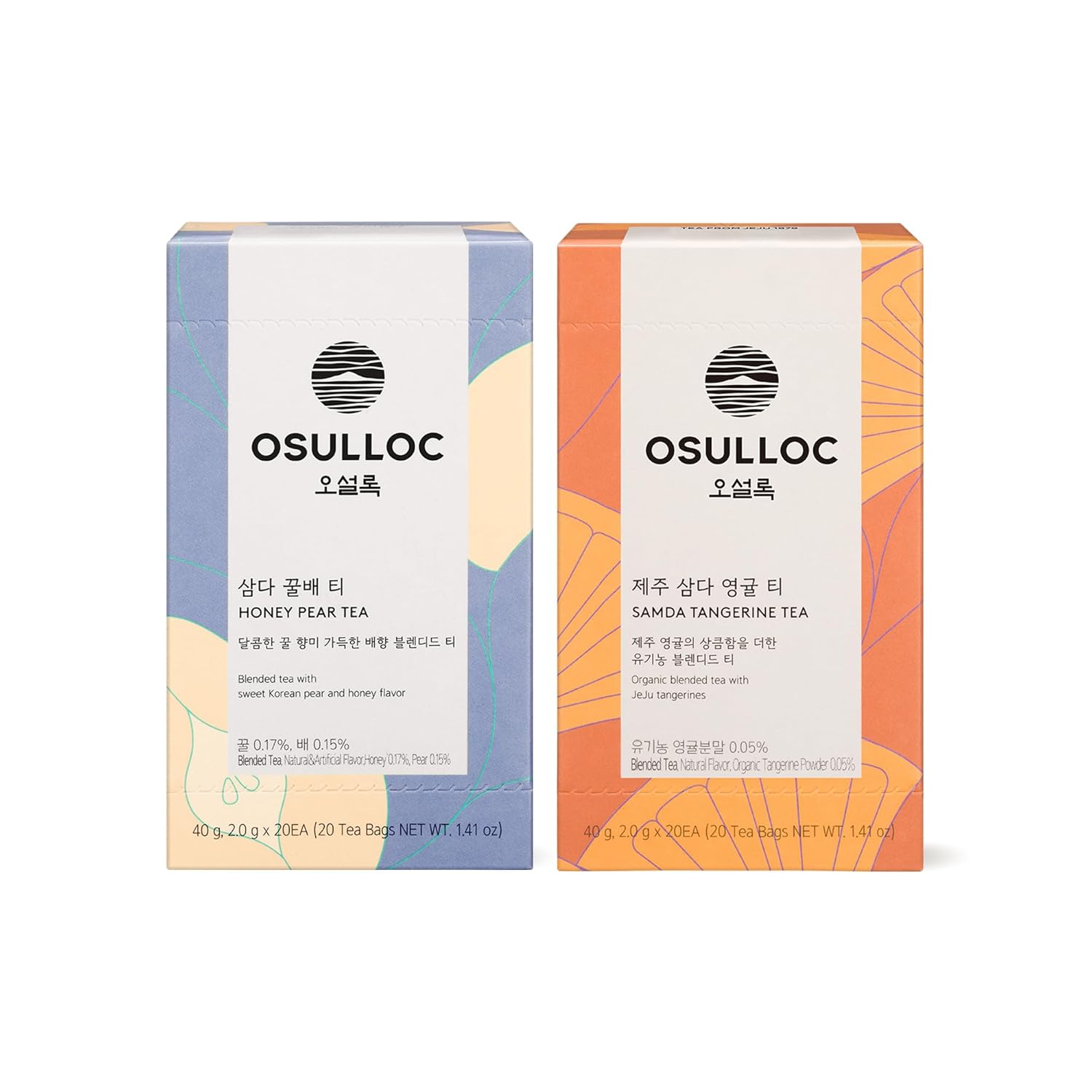 OSULLOC Honey Pear Tea (Sweet Pear & Honey Flavor) (20 count, 1.06 oz, 40g) & Tangerine Tea (Fresh Jeju Tangerine Flavor) (20 count, 1.06 oz, 40g)