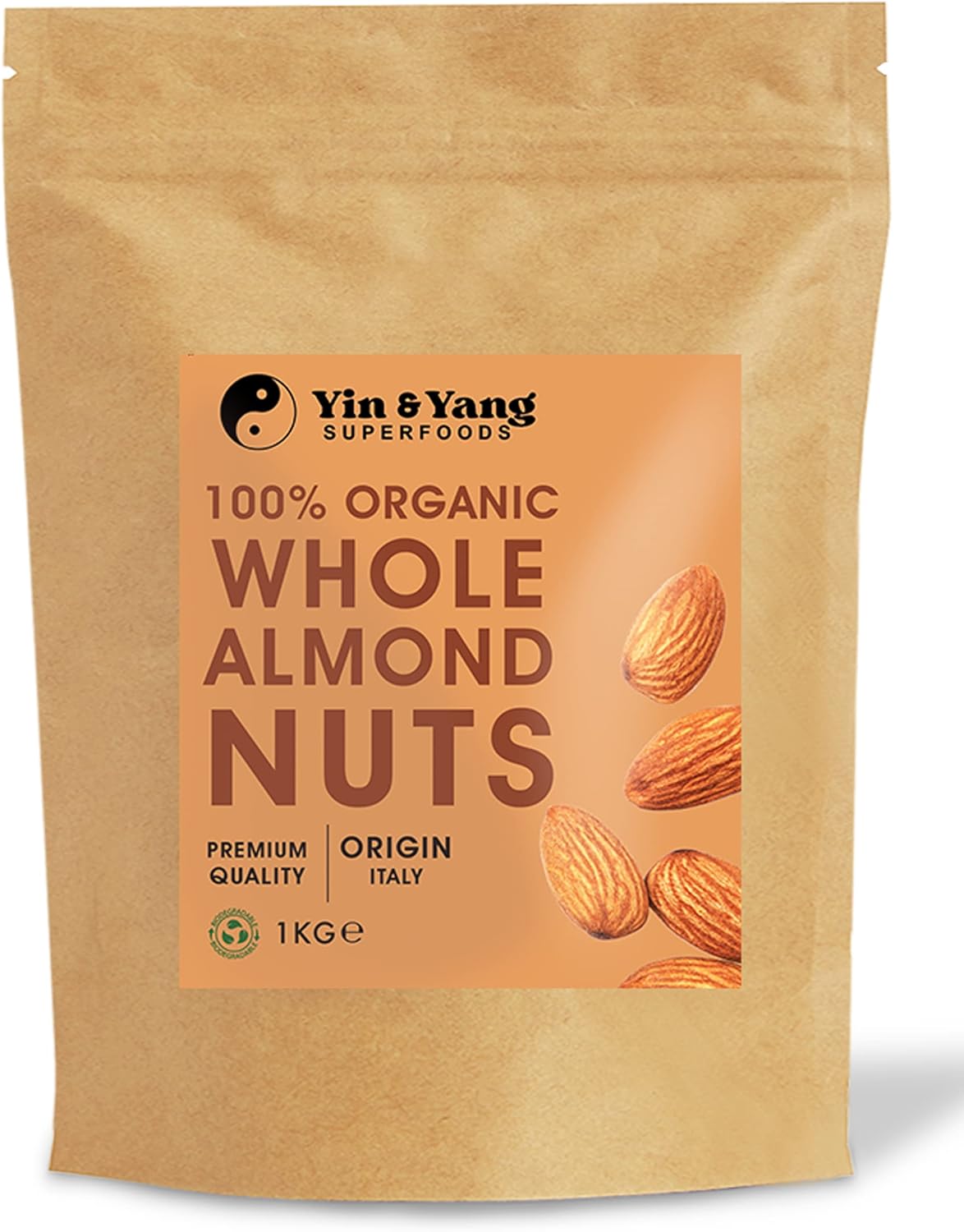 Organic Almonds 1kg Whole, Raw, 100% Natural, by Yin & Yang Superfoods. Premium Quality, High in Fibre Source of Protein, Vegan, Contains Antioxidants, Certified Organic, Sourced in Italy