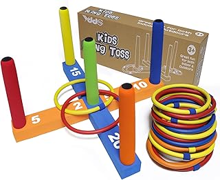 Ring Toss Game for Kids, Indoor & Outdoor Game for Family and Adults with 5 Poles, 2 Bases and 16 Rings in 4 Colors, Soft Foam Toy for Kids Backyard Ring Toss Fun