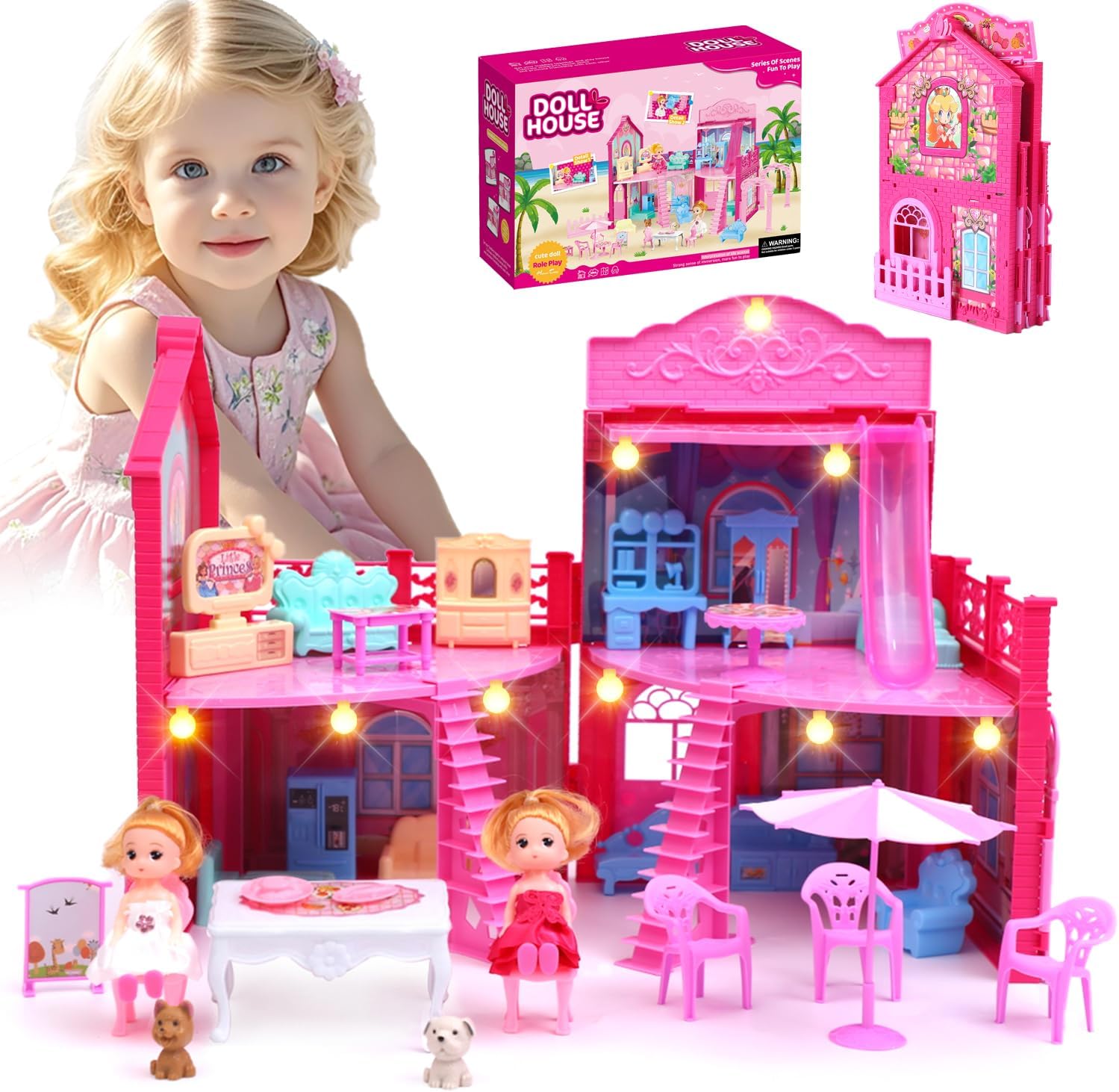 Doll House, with 4 Rooms, 2 Dolls, Toy Furniture Accessories, Pet Play Area,Slide Dollhouse Dlayset, Dollapsible Portable Playhouse with Lights for Little Girls