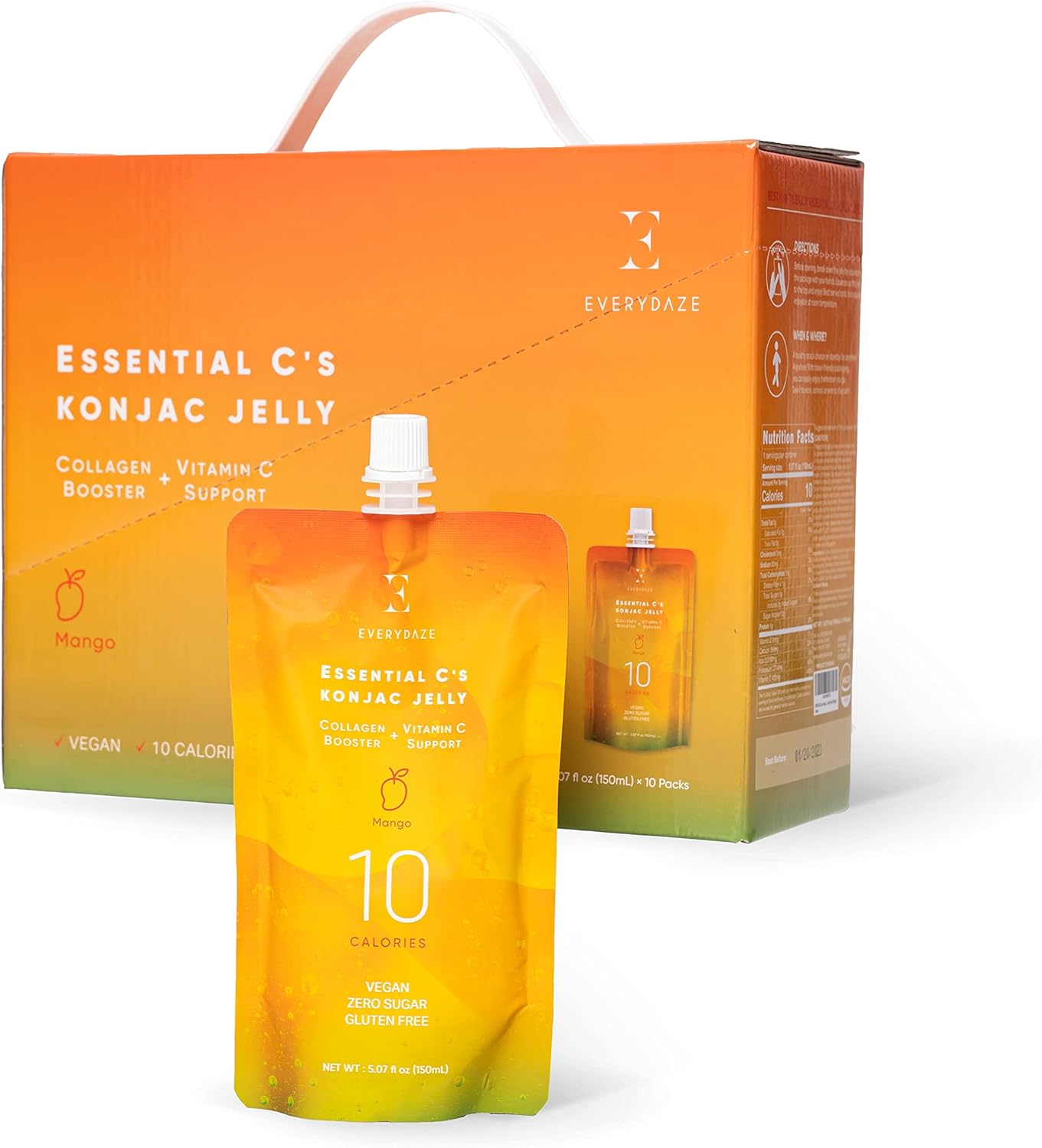 EVERYDAZE Essential C’s Konjac Jelly | Mango | Vegan Collagen Peptides and Vitamin C | Gluten Free, Sugar Free, Low Calorie | Healthy Drinkable Fruit Snack | 10 Pack Box Food Drink Pouch