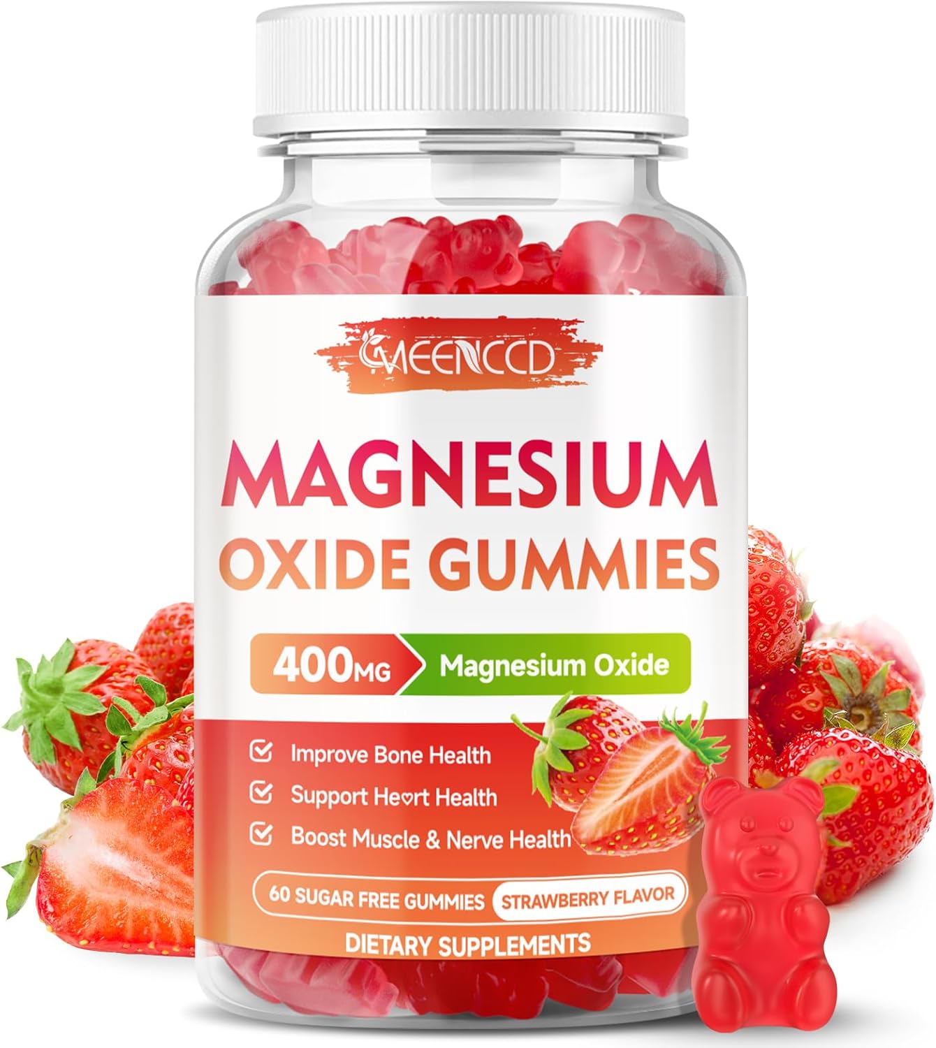 Magnesium Oxide Gummies 400mg, Chewable Magnesium Oxide Supplement for Adults & Kids, Nerve & Muscle Support, Non-GMO, Sugar-Free, Strawberry Flavor, 60 Count