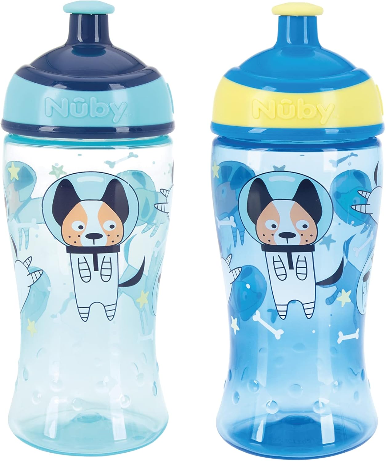 Nuby Super Slurp Water Bottle - No Spill Active Toddler Sippy Cup | 360ml / 12oz |Easy Grip | Dishwasher Safe | Suitable Beaker for 18 Months Plus (Astronauts, Pack of 2), 048526890477