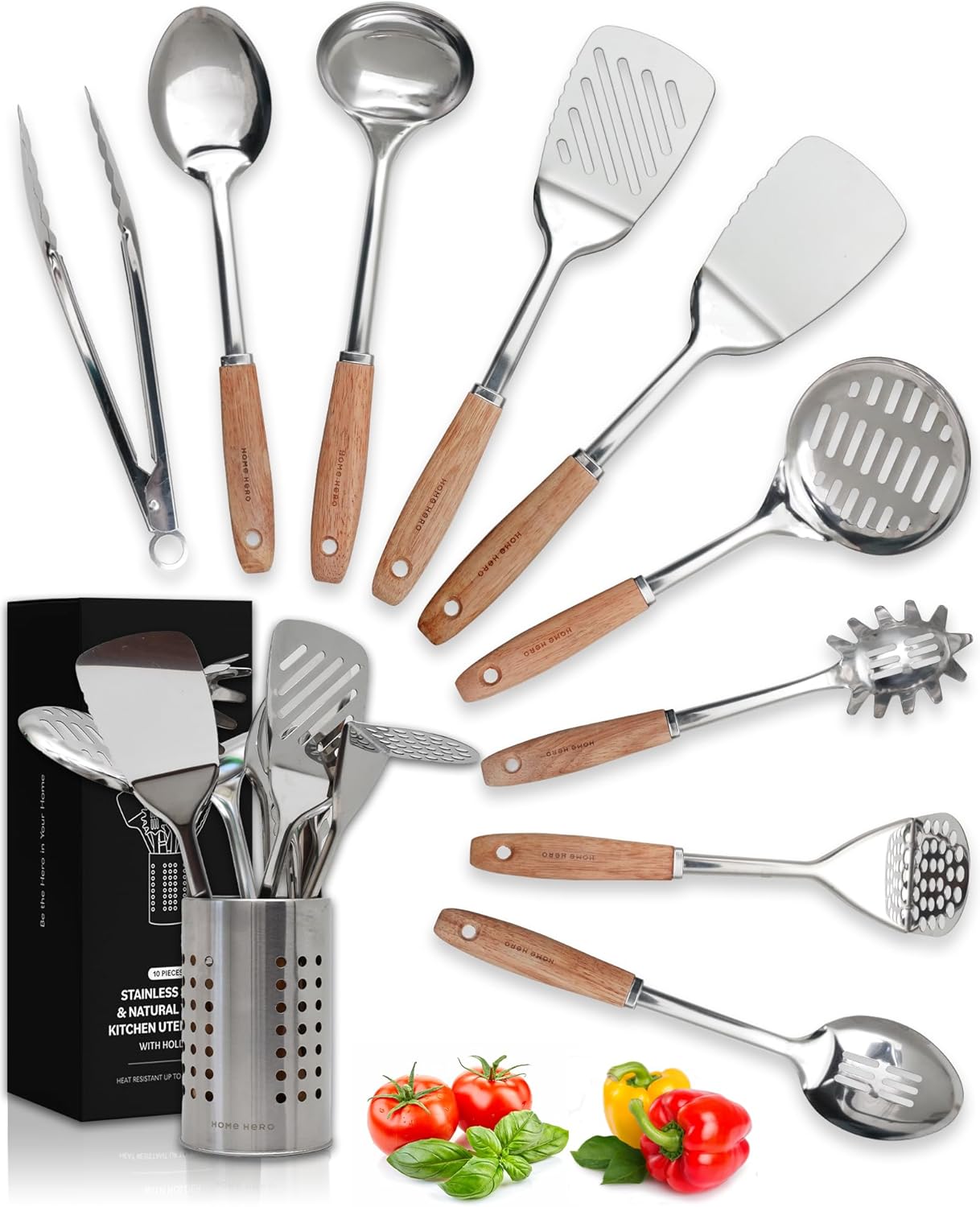 Home Hero Stainless Steel Kitchen Utensils Set - Nonstick Stainless Steel Cooking Utensils Set - Heat Resistant Kitchen Essentials & Metal Kitchen Gadgets (10 pcs - Wood and Silver)