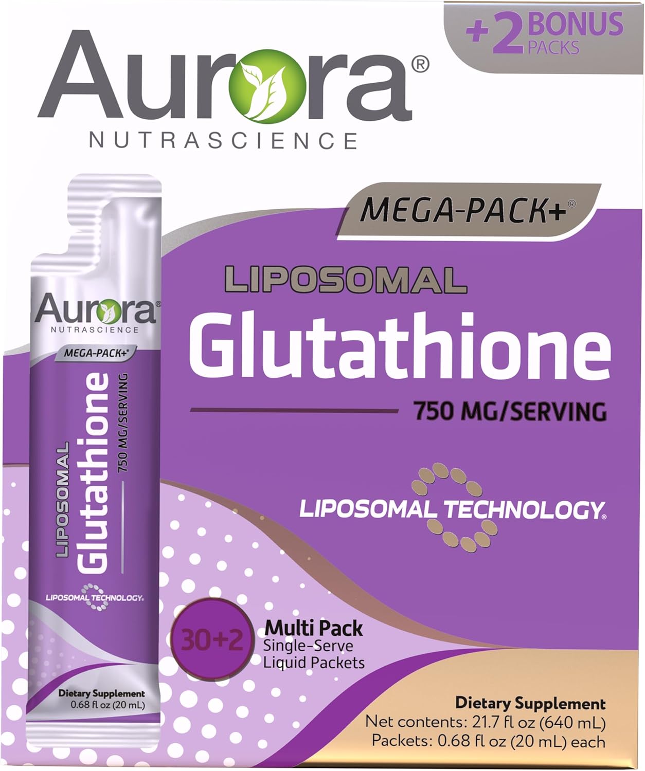 Aurora Nutrascience Mega-Liposomal Liquid Glutathione, Immune & Antioxidant Gut Health Support Supplement, 750 mg per Serving, Non-GMO, Sugar-Free, 32 Single Serve Packets