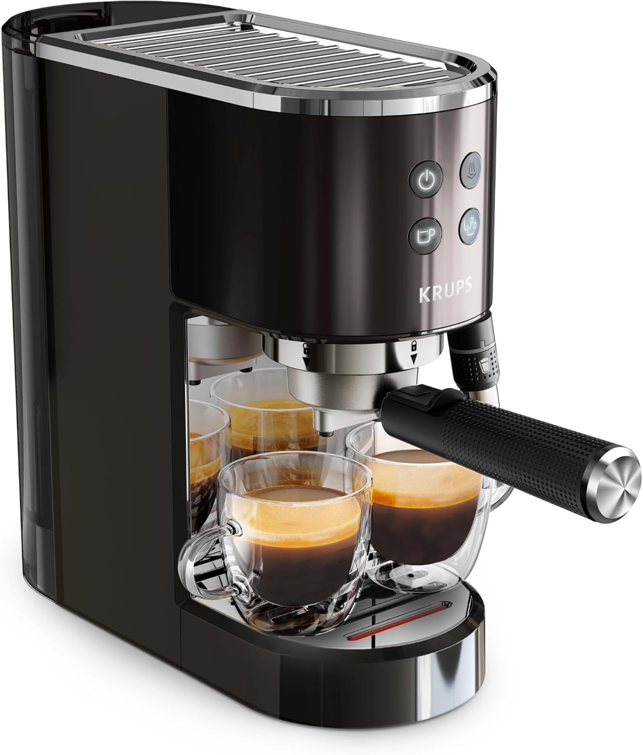 Krups Virtuoso + Pump Espresso Machine, Sleek Compact Design, Auto Flow-Stop, Espresso and Cappuccino Maker, Black Stainless Steel, XP444GG0