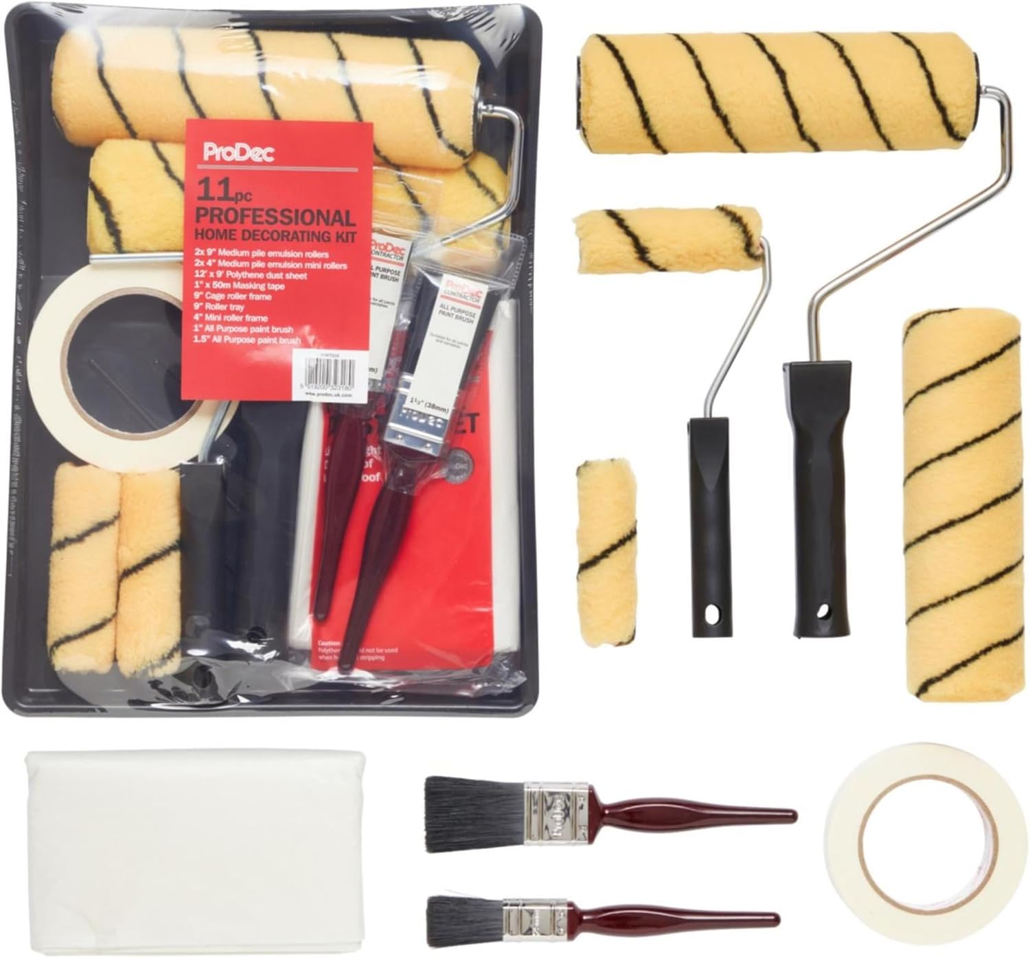 ProDec 11 pc Professional Home Decorating Kit, Paint Rollers & Tray Set with Paint Brushes, Dust Sheet, Masking Tape - Roller Sets for Painting Walls & Ceilings with Emulsion, Mini Roller for Emulsion