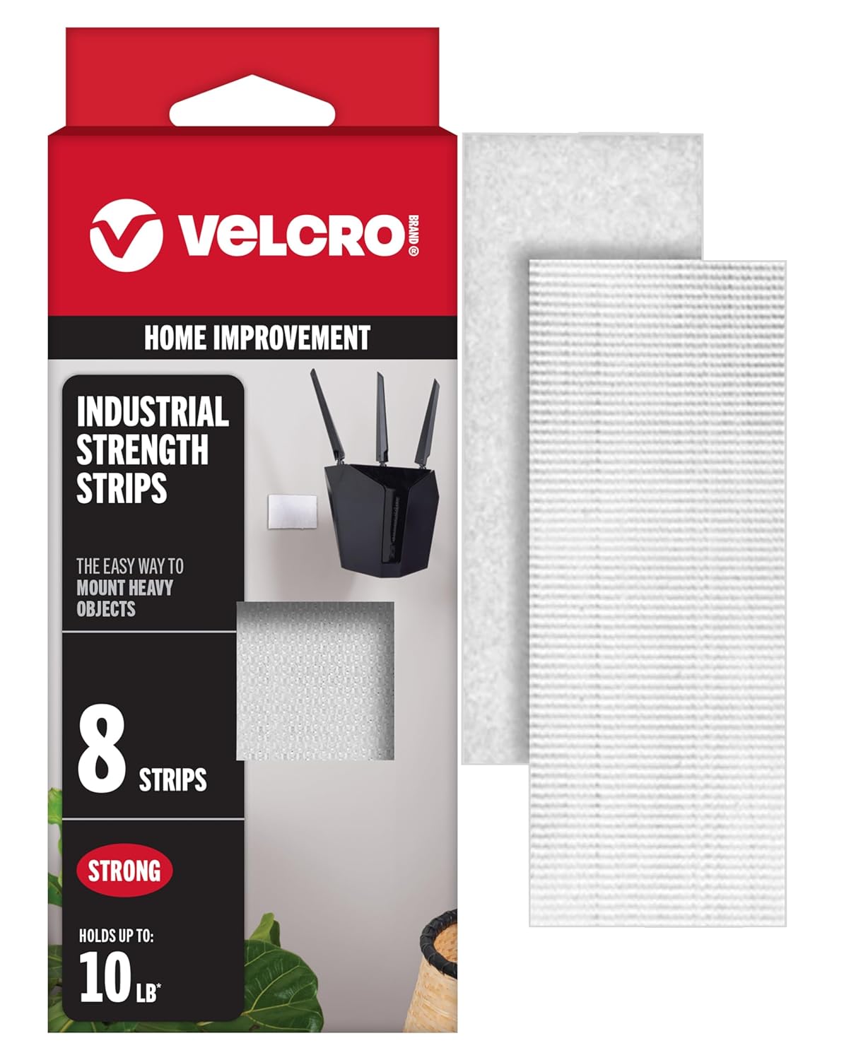 VELCRO Brand Heavy Duty Strips with Adhesive | 8 Sets, White | Wide 4in x 2in | Holds 10 lbs | Industrial Strength Stick On Tape | Indoor or Outdoor Use, (Pack of 8)