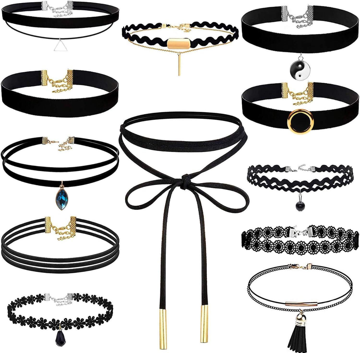shynek Choker Necklace for Women, 12 Pcs Black Choker Necklace Set Black Lace Tattoo Velvet Chokers for Women and Teen Girls, Leather Metal