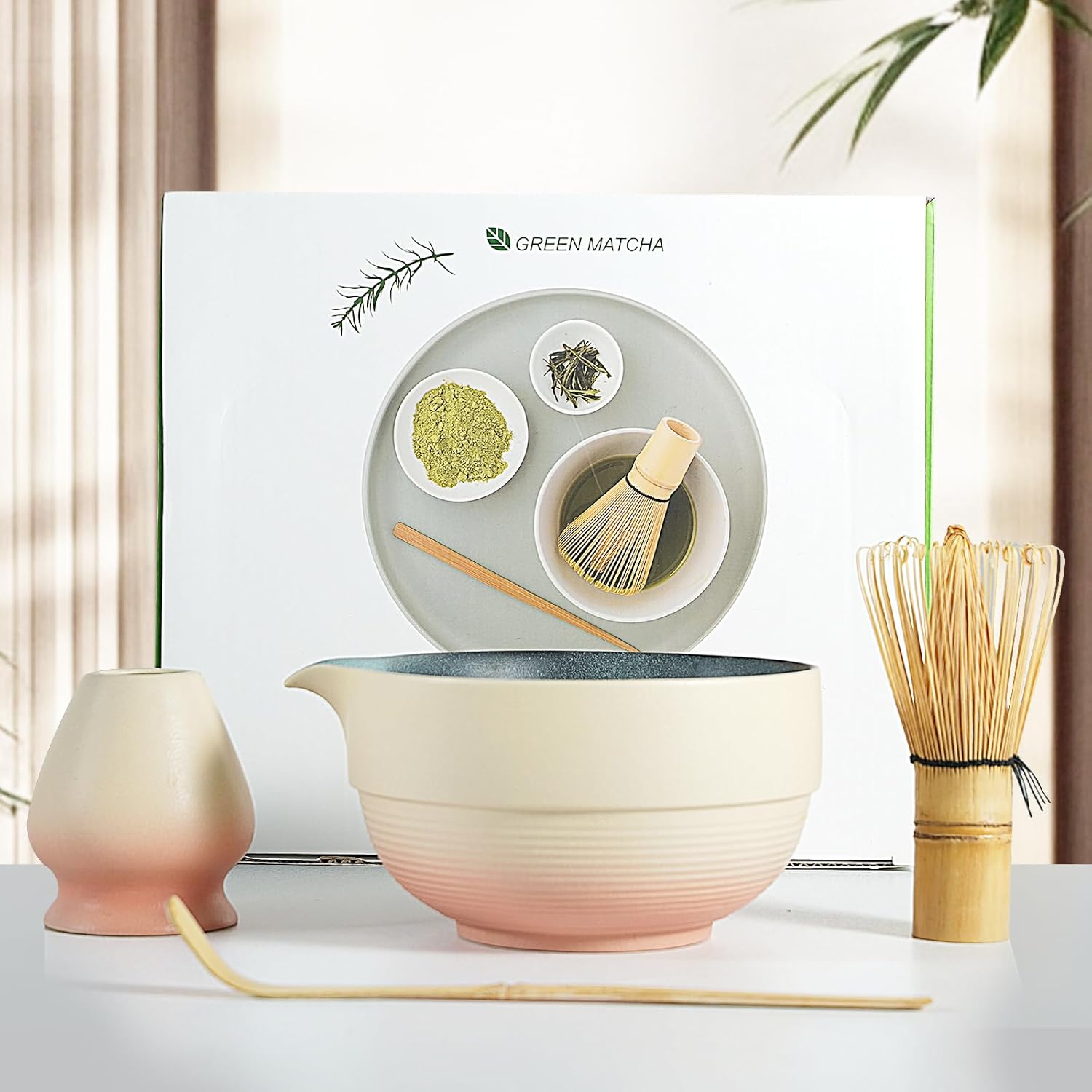 4-Pcs Matcha Set - Pink & Orange Gradient Bowl, Handcrafted Bamboo Whisk, Whisk Holder, Spoon - Perfect for Health Conscious Matcha Lovers & Gift-Giving by Giftly Moment