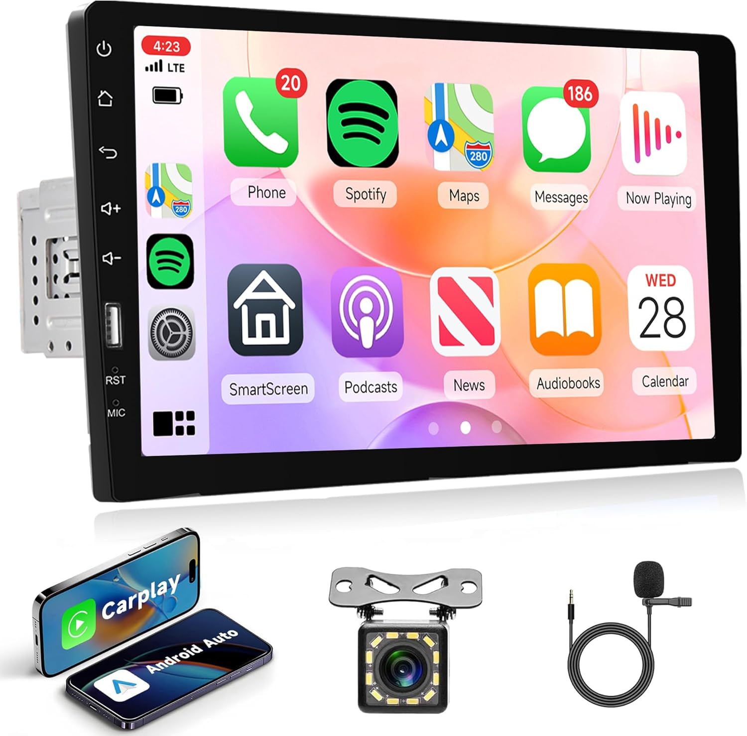 9 Inch Carplay Single Din Touchscreen Car Stereo with Android Auto, Rimoody Car Radio with Bluetooth iOS/Android Mirror Link FM/AM Radio/USB Car Multimedia Player + Backup Camera