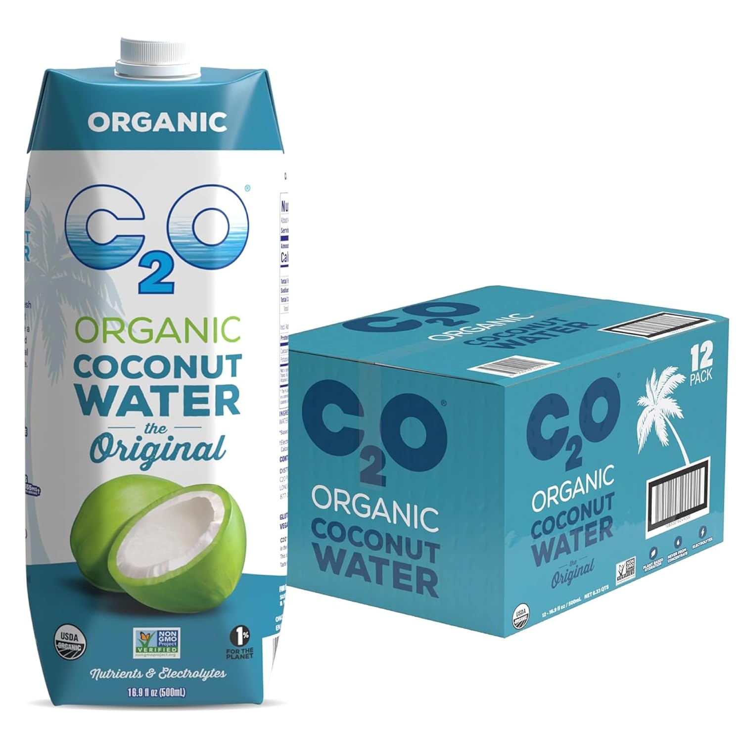 C2O - Organic Coconut Water, The Original Flavor (12 Pack) - Made with Fresh Coconut Water - Plant Based, Non GMO - Natural Hydration, Essential Electrolytes, & Potassium - 12 Tetra Packs, 16.9 FL OZ