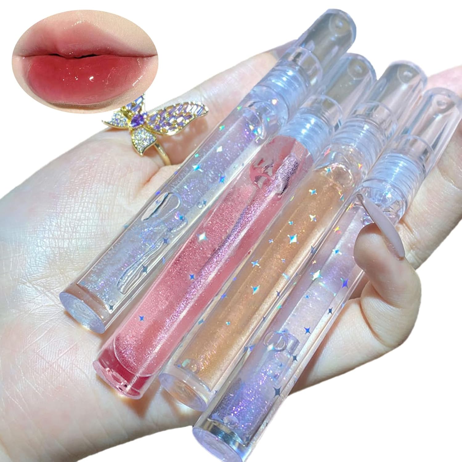 Natural Hydrating Shimmery Lip gloss set, Waterproof Long Lasting Moisturizing Lip Care Lip Oil Gloss, Diamond Transparent Shimmer Hydrating & Plumping Lip Tint for Women and Girls (4PCS)