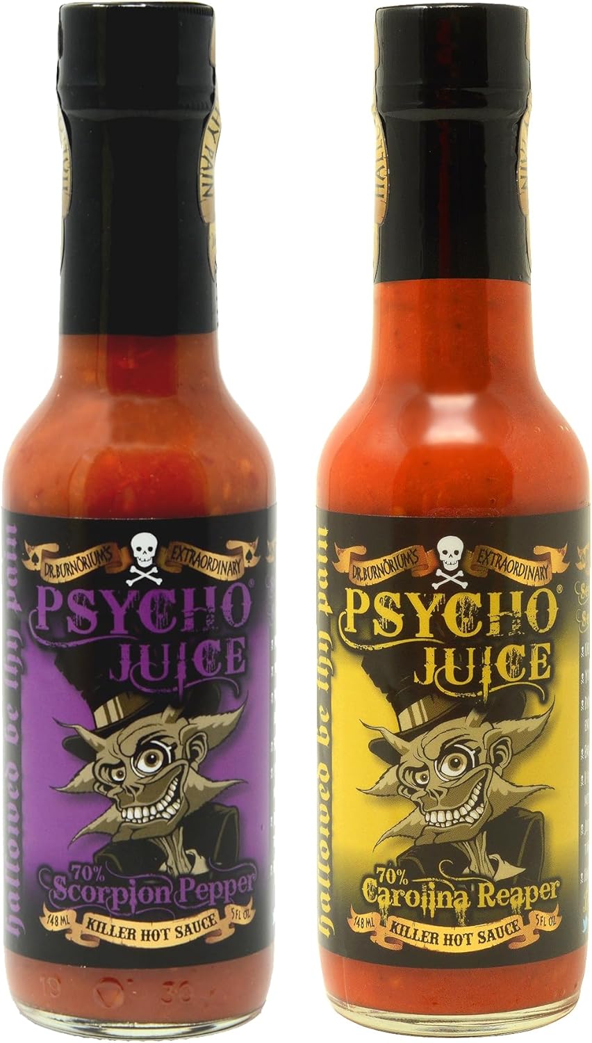 Psycho Juice Hot Chilli Sauce Set – 70% Carolina Reaper & 70% Scorpion Pepper – Extremely Hot Chilli Sauce – 2 x 148ml Bottles – Very Hot Warning