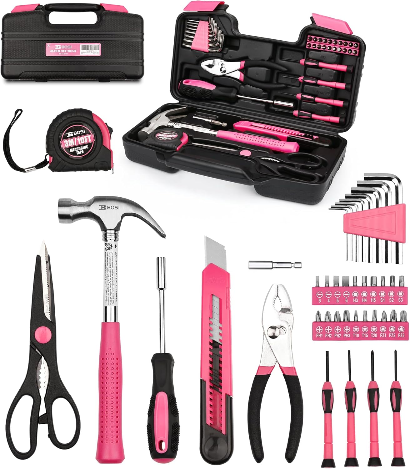 40-Piece Pink Tool Set- General Household 40 PCS Hand Tool Kit with Plastic Toolbox Storage Case (Pink)