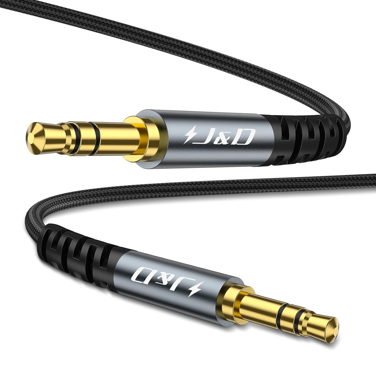 J&D 3.5 mm Nylon Braided Aux Cable, Audio Auxiliary Input Adapter Gold-Plated Connector and Aluminum Alloy Housing, High Fidelity Audio Cord for Car, Home, and Office Use, Grey, 2 m