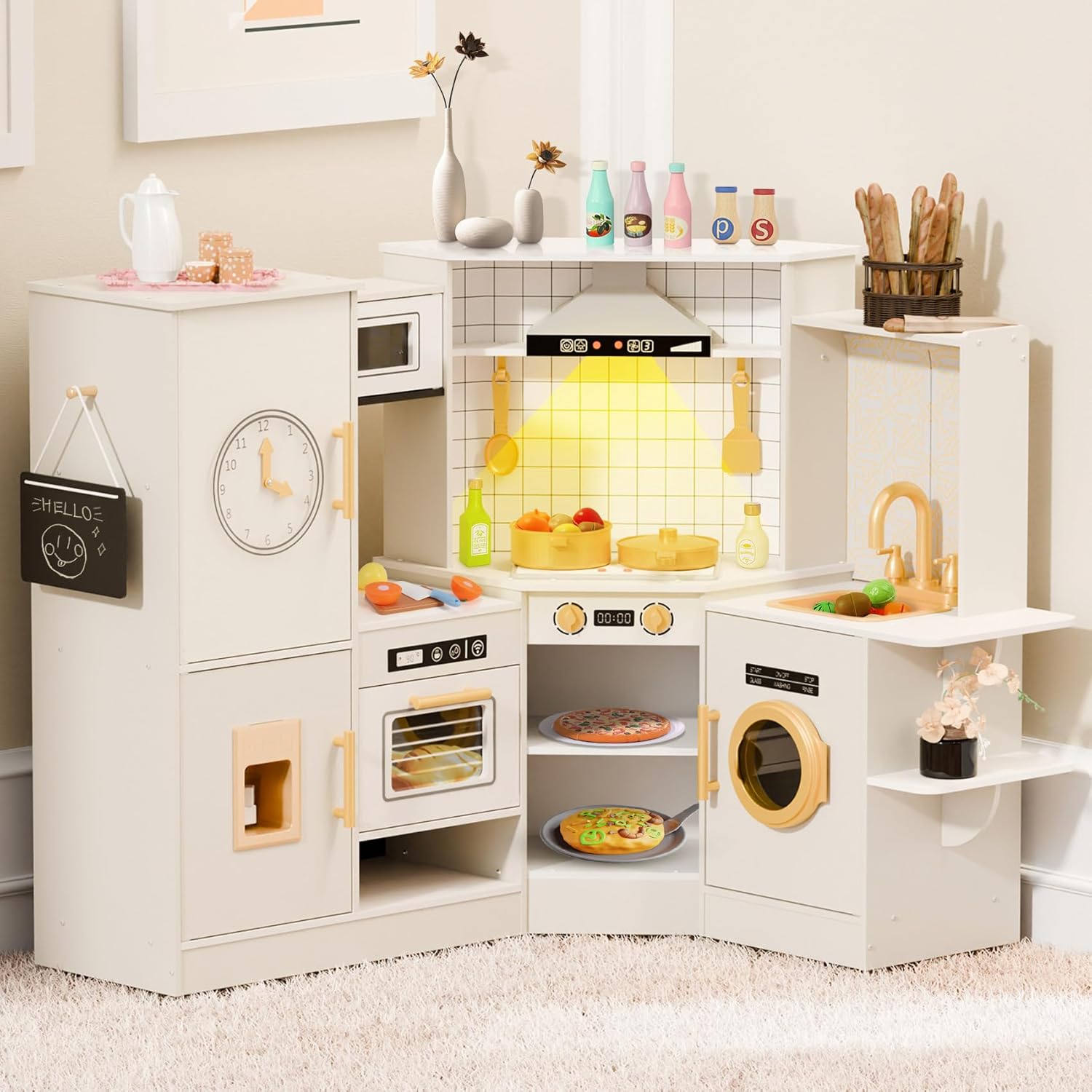 BIERUM Coner Wooden Play Kitchen with Real Lights & Sounds, Trendy Home Style Kitchen Playset, Toy Kitchen with 28 Pcs Toy Food & Cookware Accessories, Gift for Boys & Girls Ages 3+