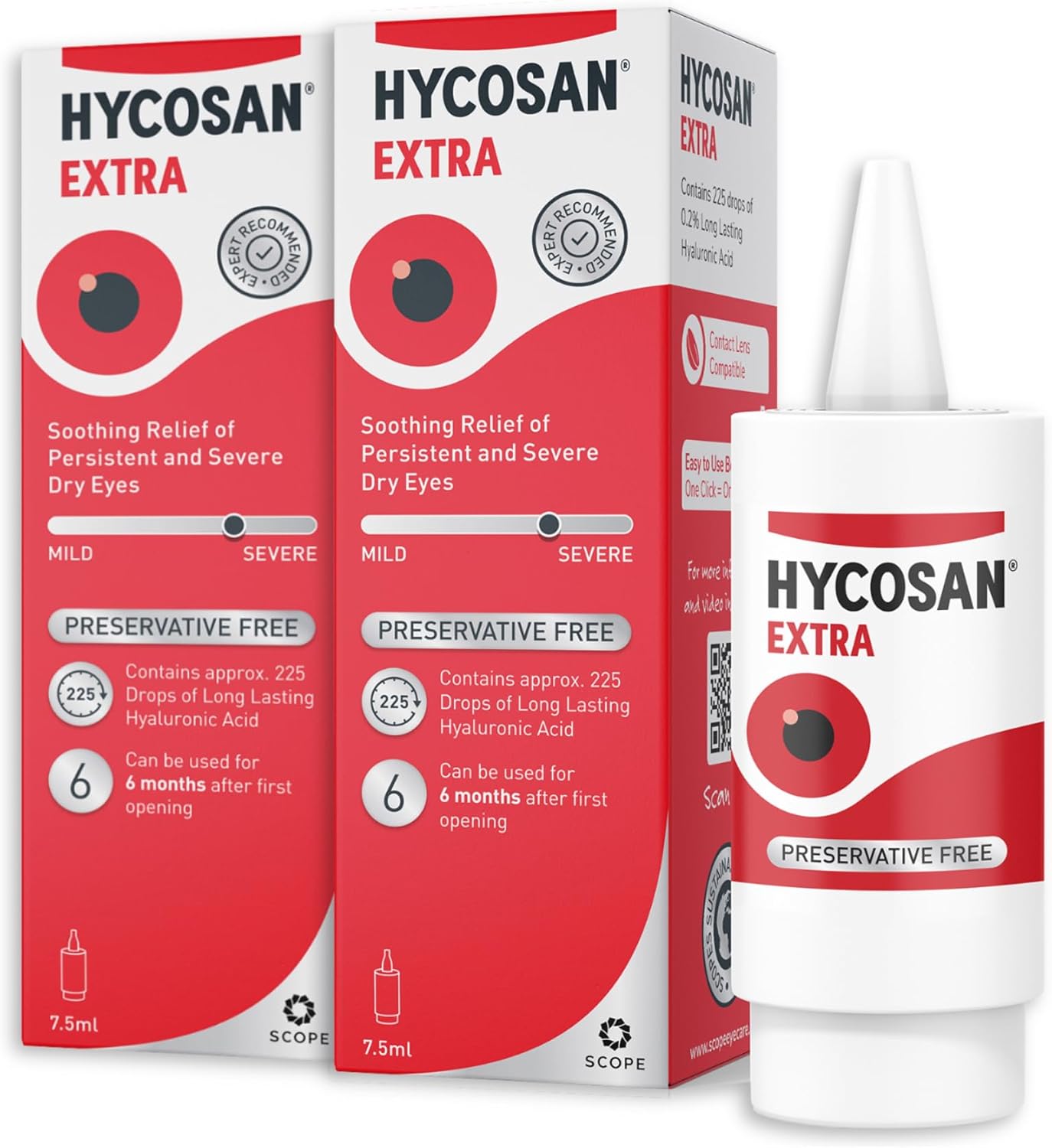 Hycosan Extra Double Pack - Eye Drops with Hyaluronic Acid for Soothing Relief of Severe and Persistent Dry Eyes - Contact Lens Compatible - Preservative Free - 2x225 Measured Drops