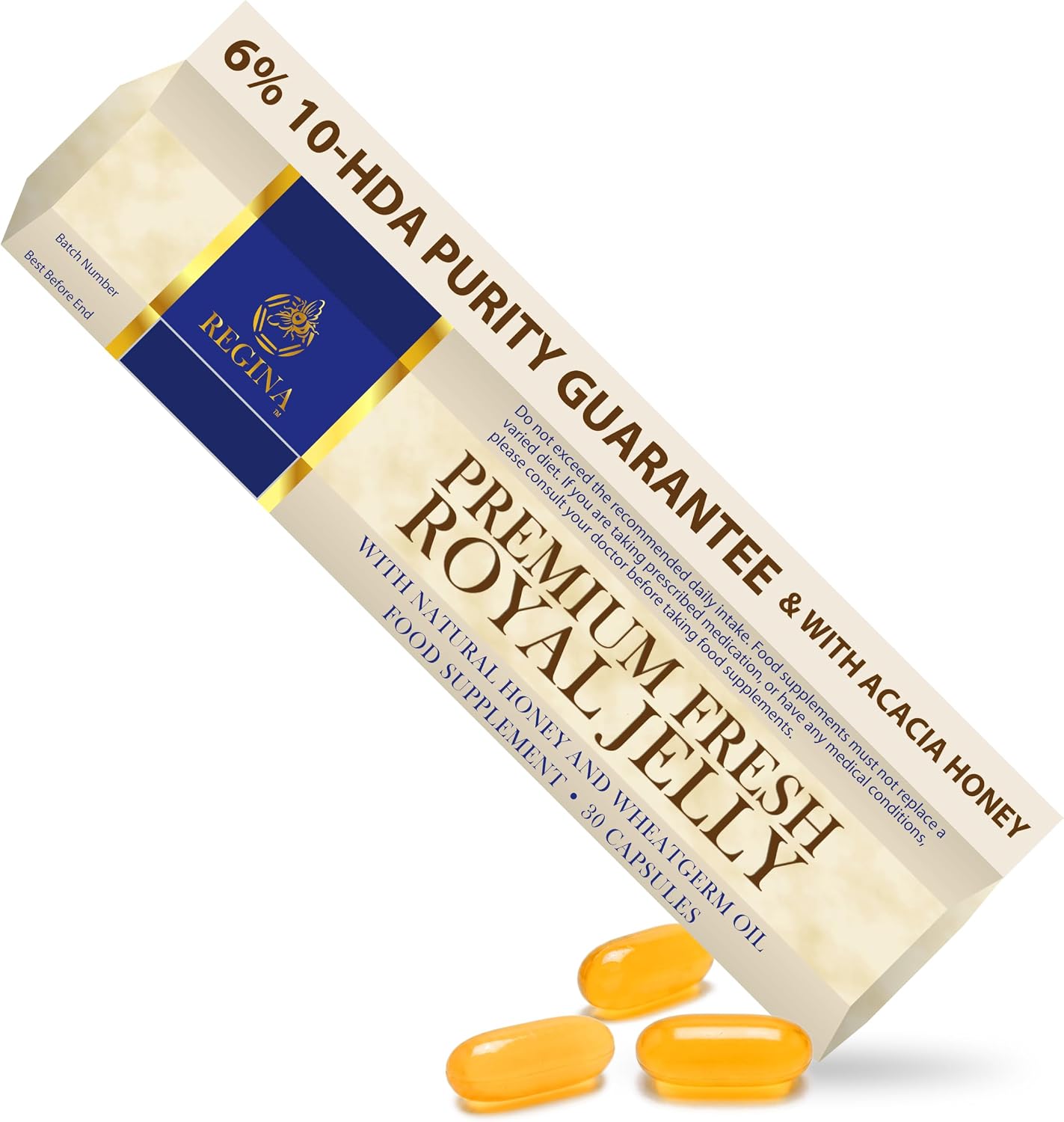 Regina Premium Fresh Royal Jelly 200mg, 6% 10-HDA Guarantee, 30 Softgels | Australian Royal Jelly with Acacia Honey and Wheat Germ Oil | One easy-to-swallow softgel daily | Non-GMO | Product of the UK