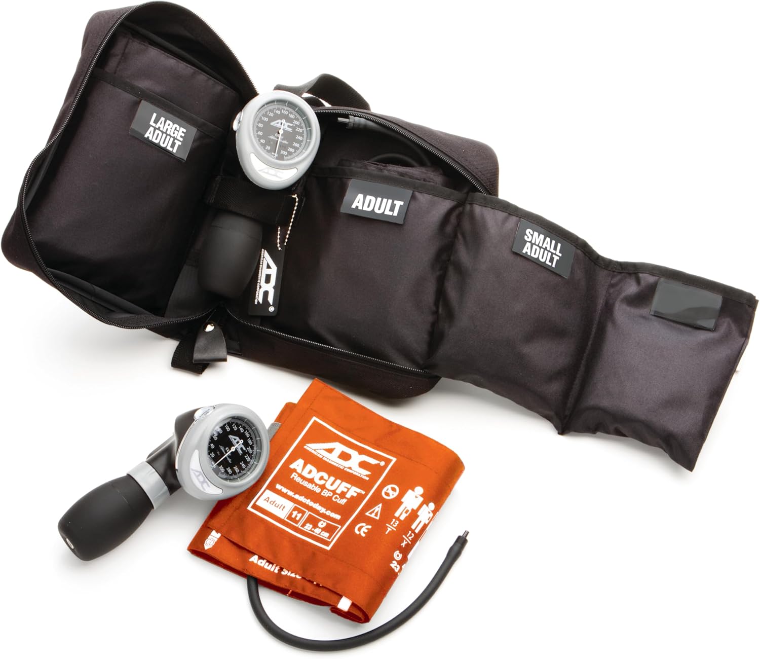 ADC - 731OR Multikuf 731 3-Cuff EMT Kit with 804 Portable Palm Aneroid Sphygmomanometer, Small Adult, Adult and Large Adult Blood Pressure Cuffs (19-50 cm), Black Nylon Zipper Storage Case, Orange