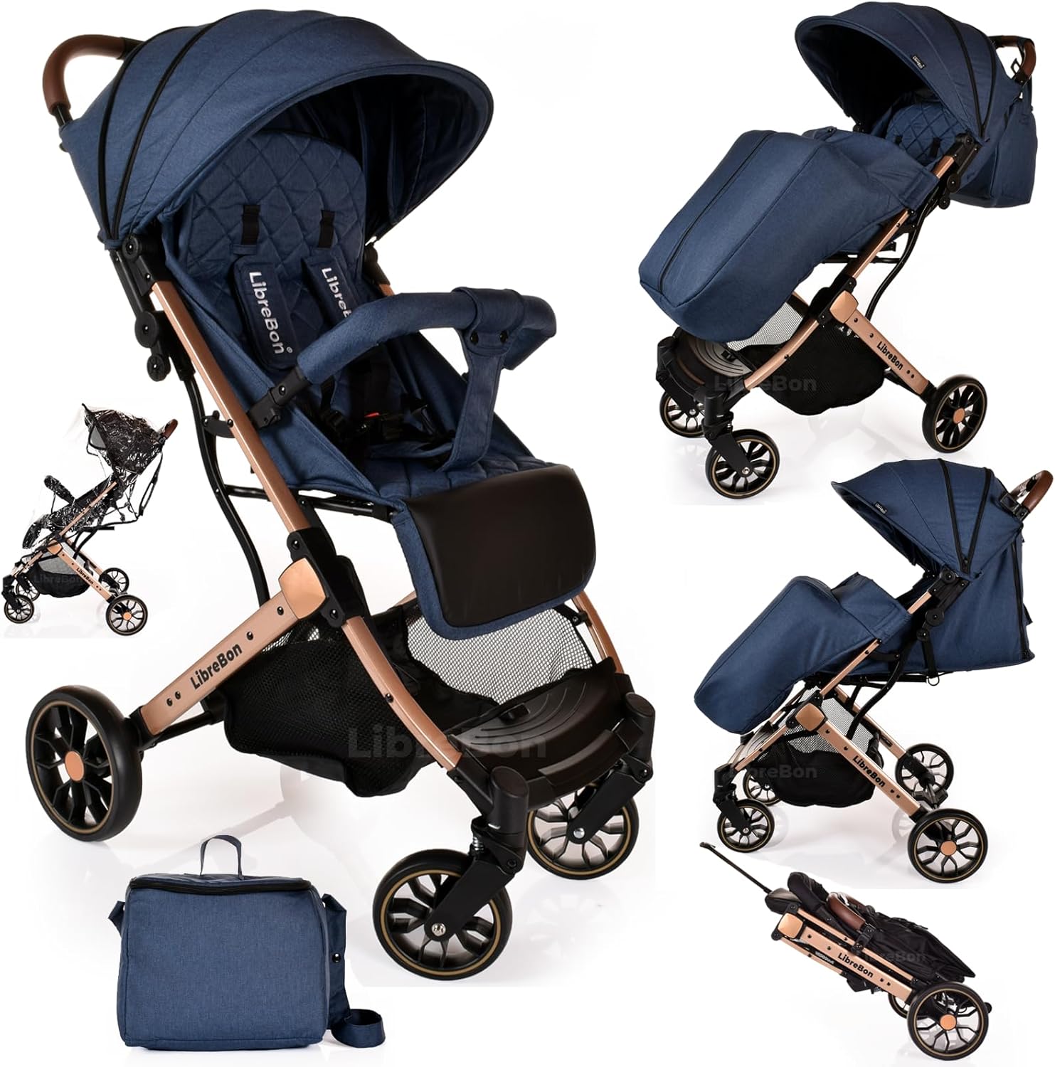 Lightweight Stroller, Baby Pushchair, Compact Travel Buggy, One Hand Foldable, Upgraded Wheels, Four Seasons Stroller, Foot Cover, Mommy Bag, Rain Cover (Blue - Rose Gold Frame)