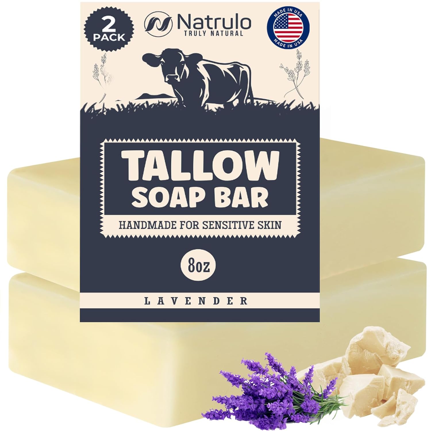 Beef Tallow Soap Bar – All Natural Grass Fed Tallow Soap Lavender – Moisturizing Face & Body Wash Great for Eczema, Dry, Itchy, Sensitive Skin – Handcrafted Bath Soap for Adults, Kids, Made in USA